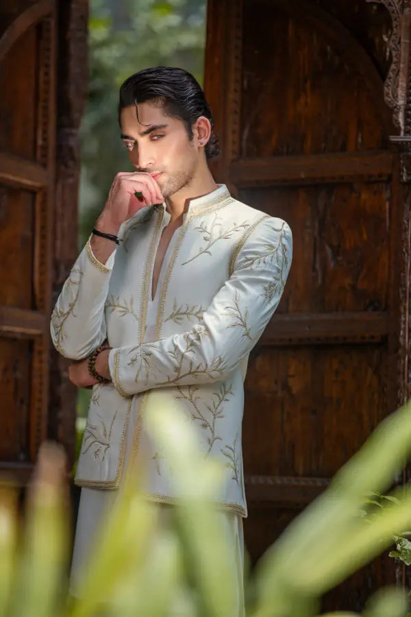 White Handwork Prince Coat with Kurta Pajama