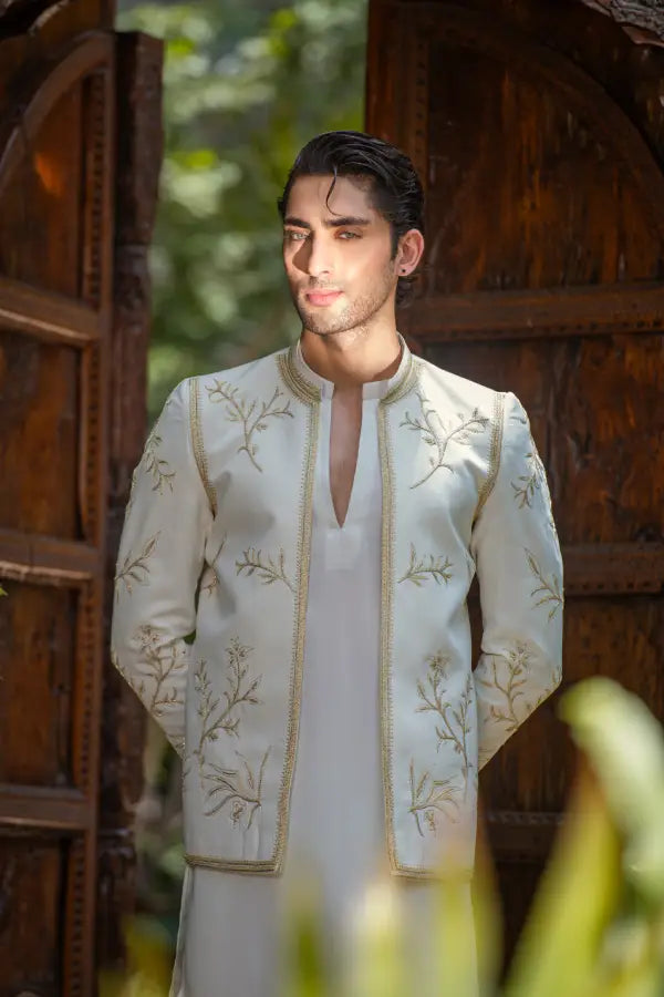 White Handwork Prince Coat with Kurta Pajama