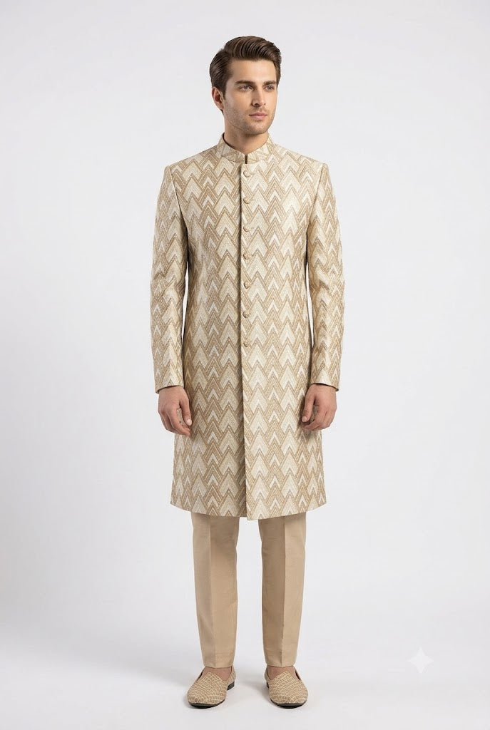 White Golden Embroidery Sherwani For Men's Main image