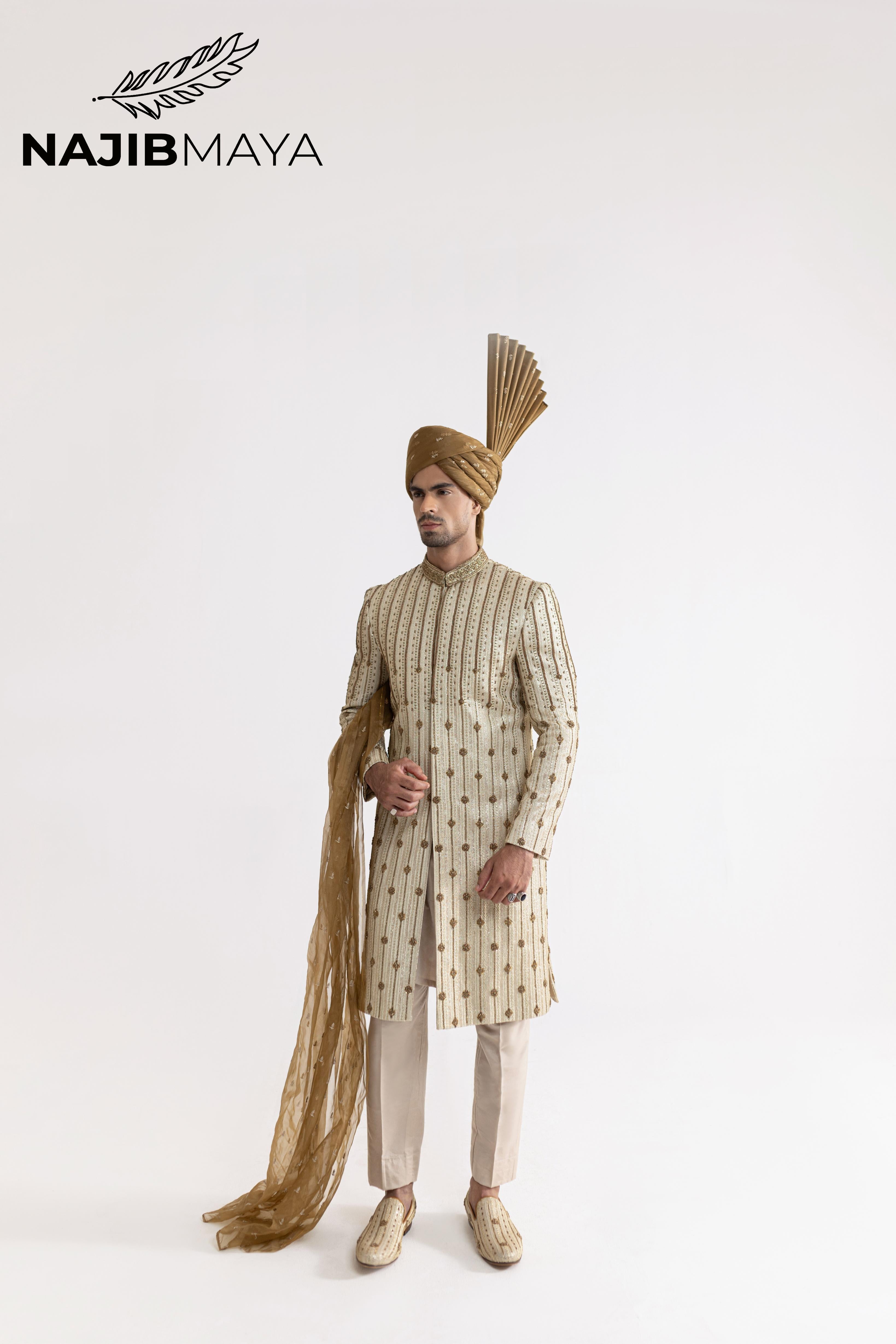 Beige Mate Gold Front Open Sherwani For Men's Main image