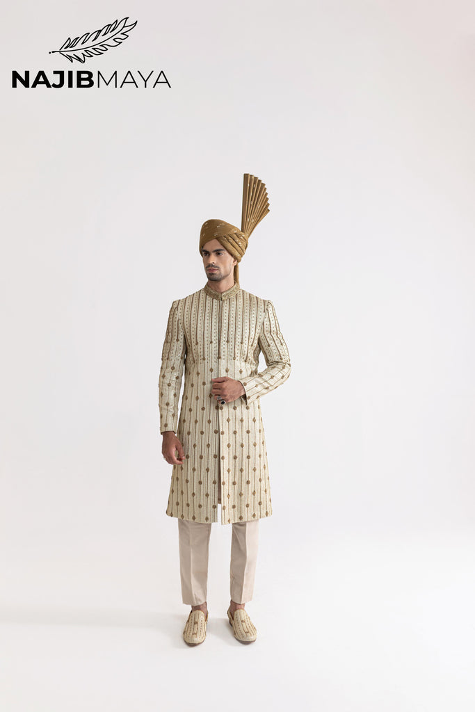 Beige Mate Gold Front Open Sherwani For Men's