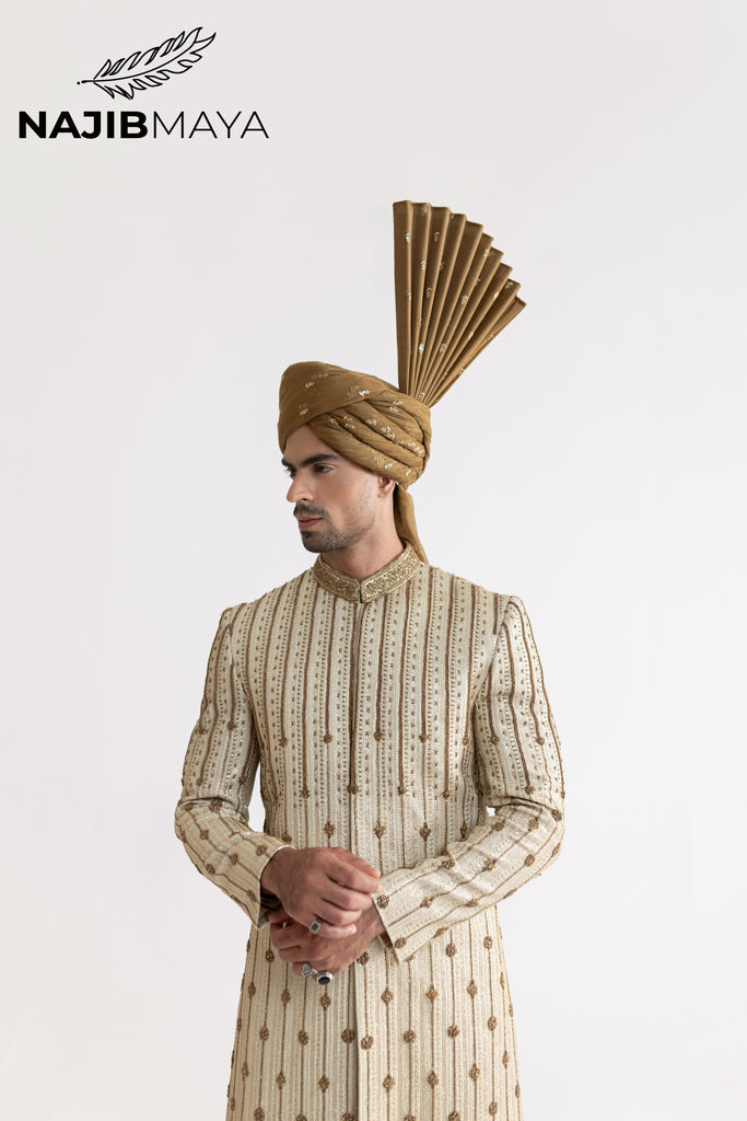 Beige Mate Gold Front Open Sherwani For Men's