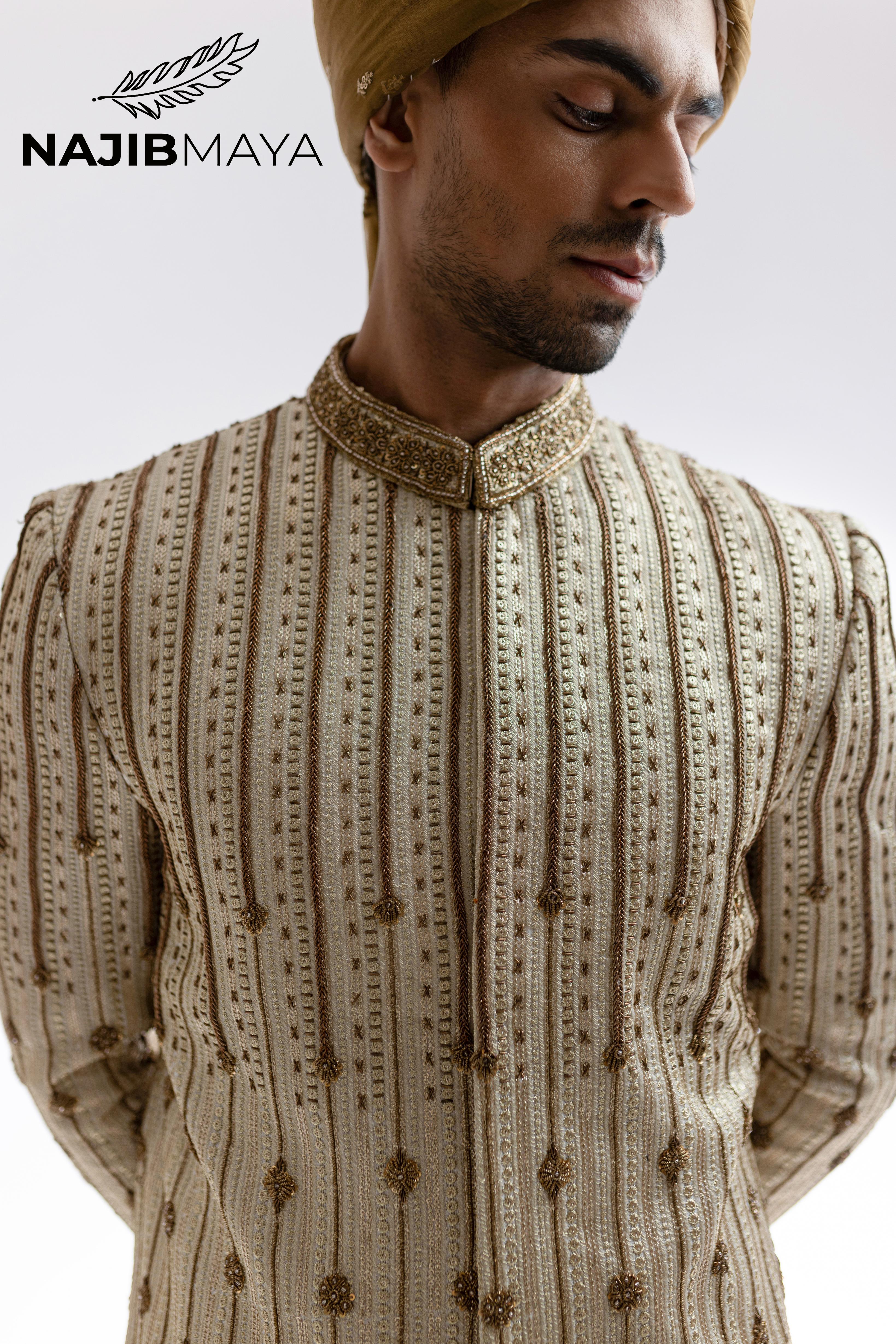 Beige Mate Gold Front Open Sherwani For Men's Secondary image
