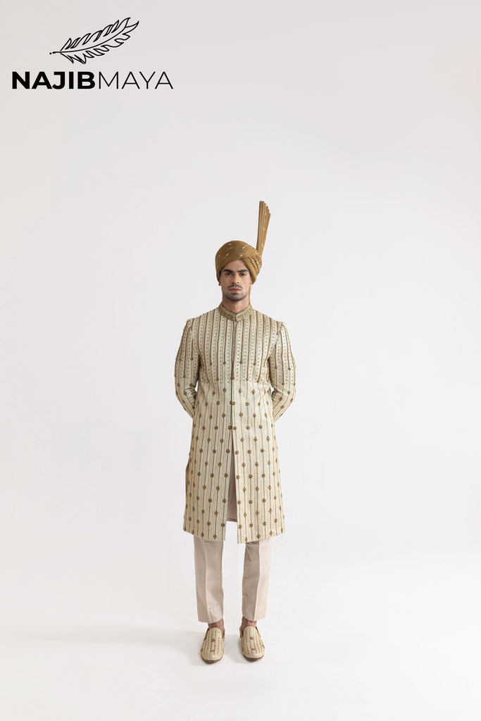 Beige Mate Gold Front Open Sherwani For Men's