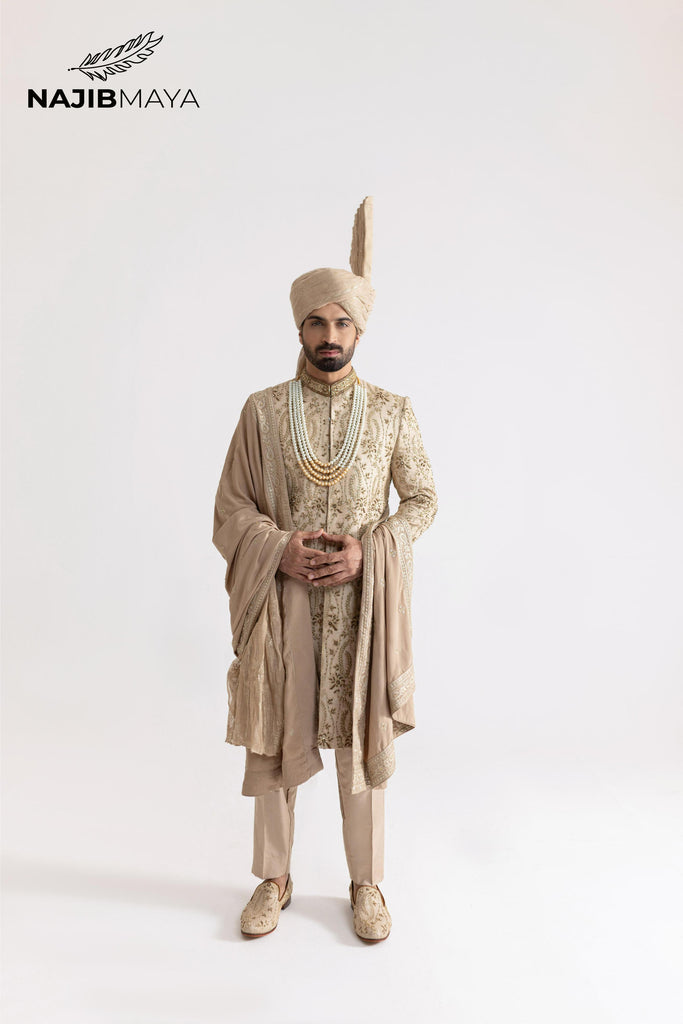 Beige Hand Work Sherwani For Men's