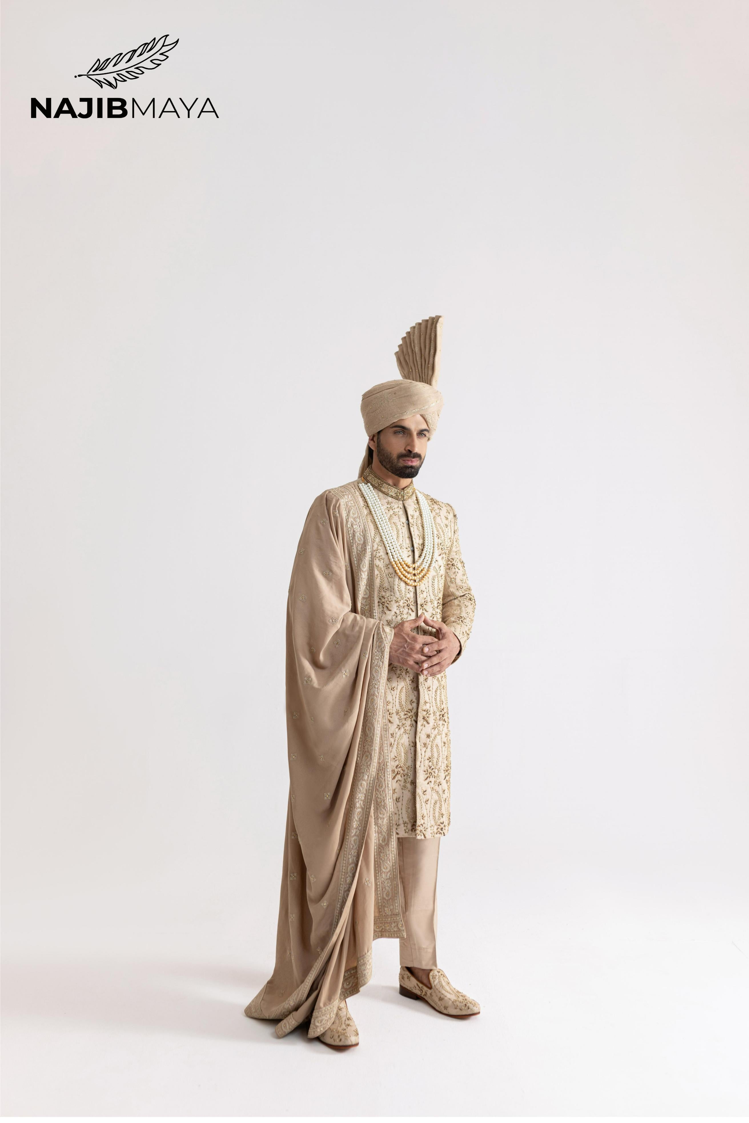 Beige Hand Work Sherwani For Men's