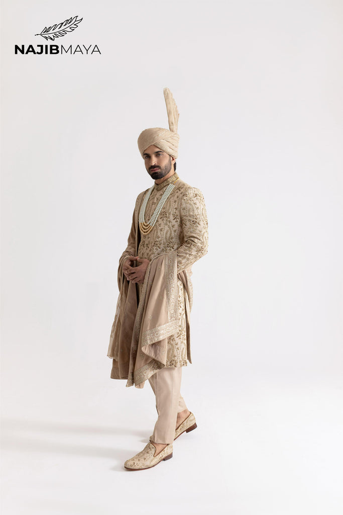 Beige Hand Work Sherwani For Men's