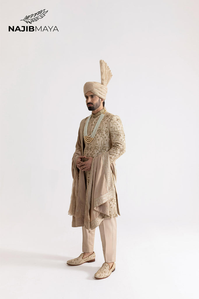 Beige Hand Work Sherwani For Men's