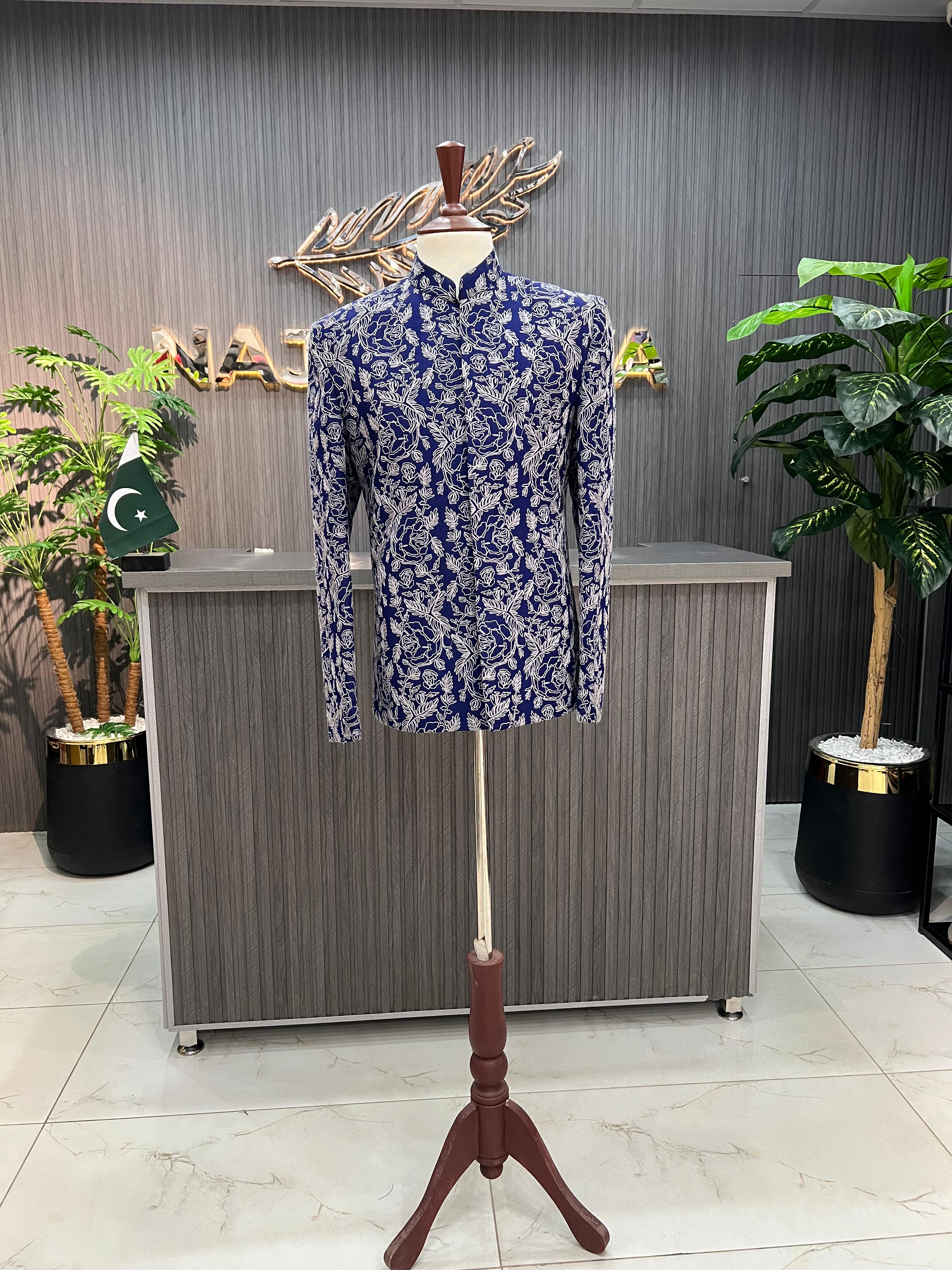 Royal Blue With Silver Embroidered Prince Coat For Men's Main image