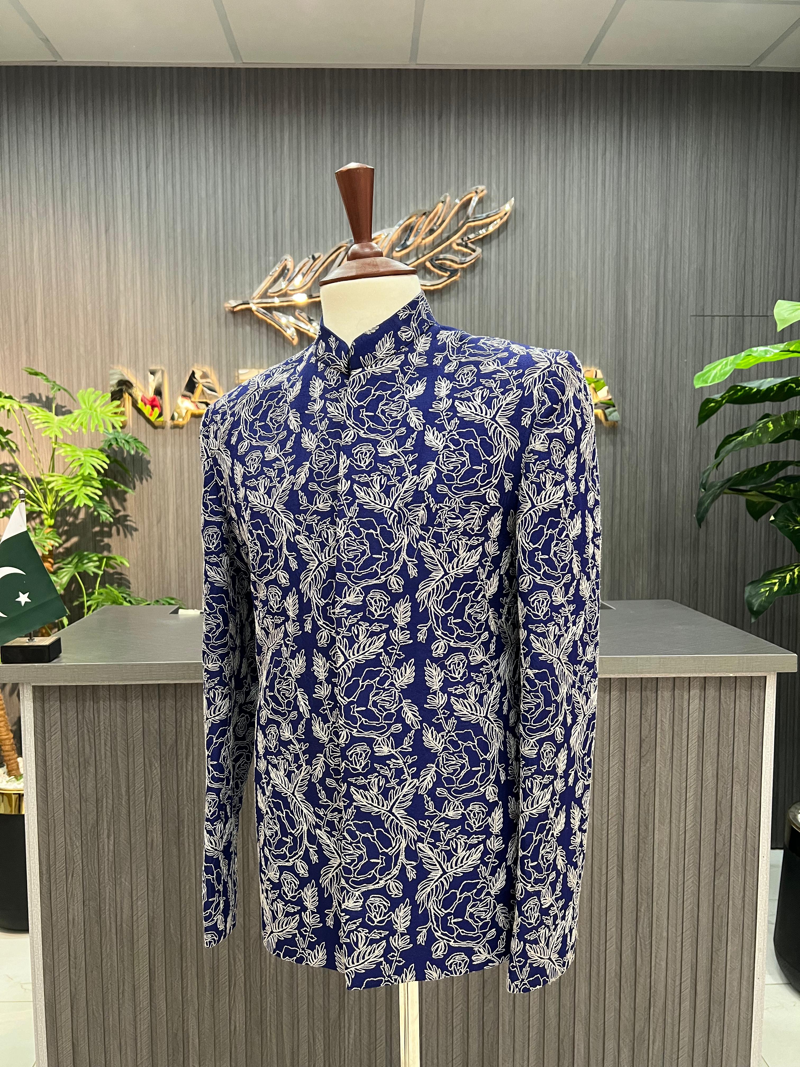 Royal Blue With Silver Embroidered Prince Coat For Men's