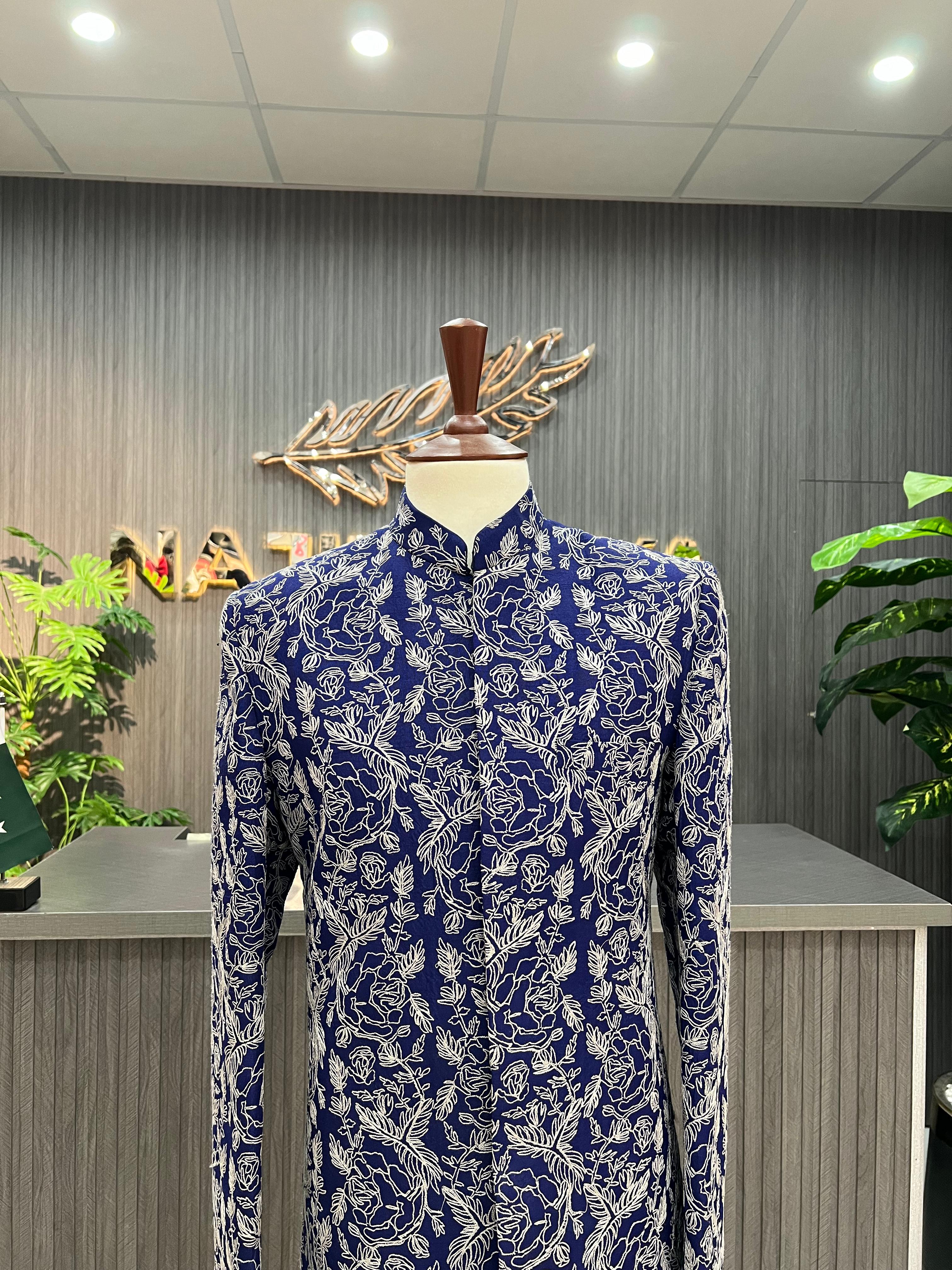 Royal Blue With Silver Embroidered Prince Coat For Men's Secondary image