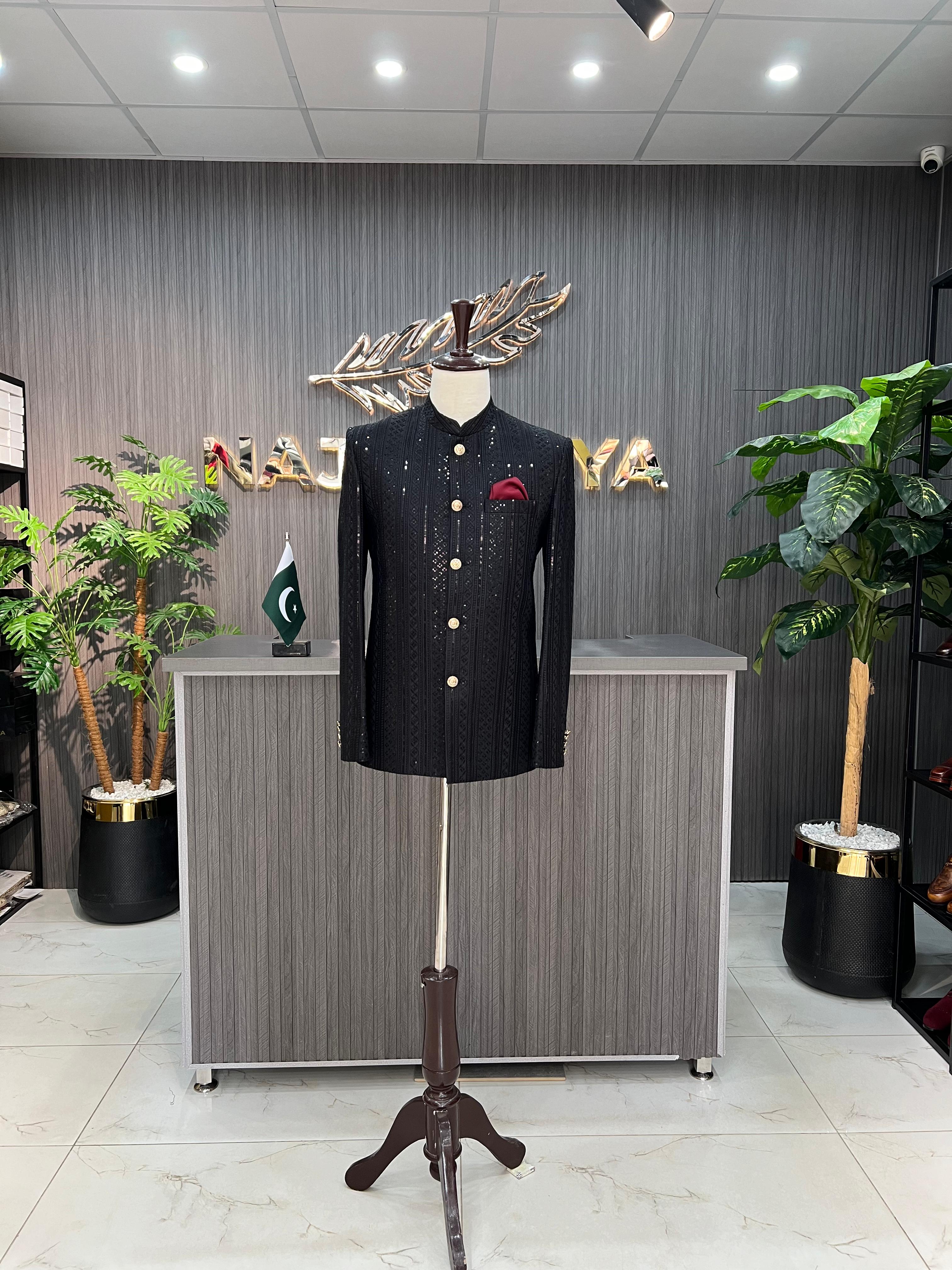 Black Sequence Embroidery Prince Coat For Men's Main image