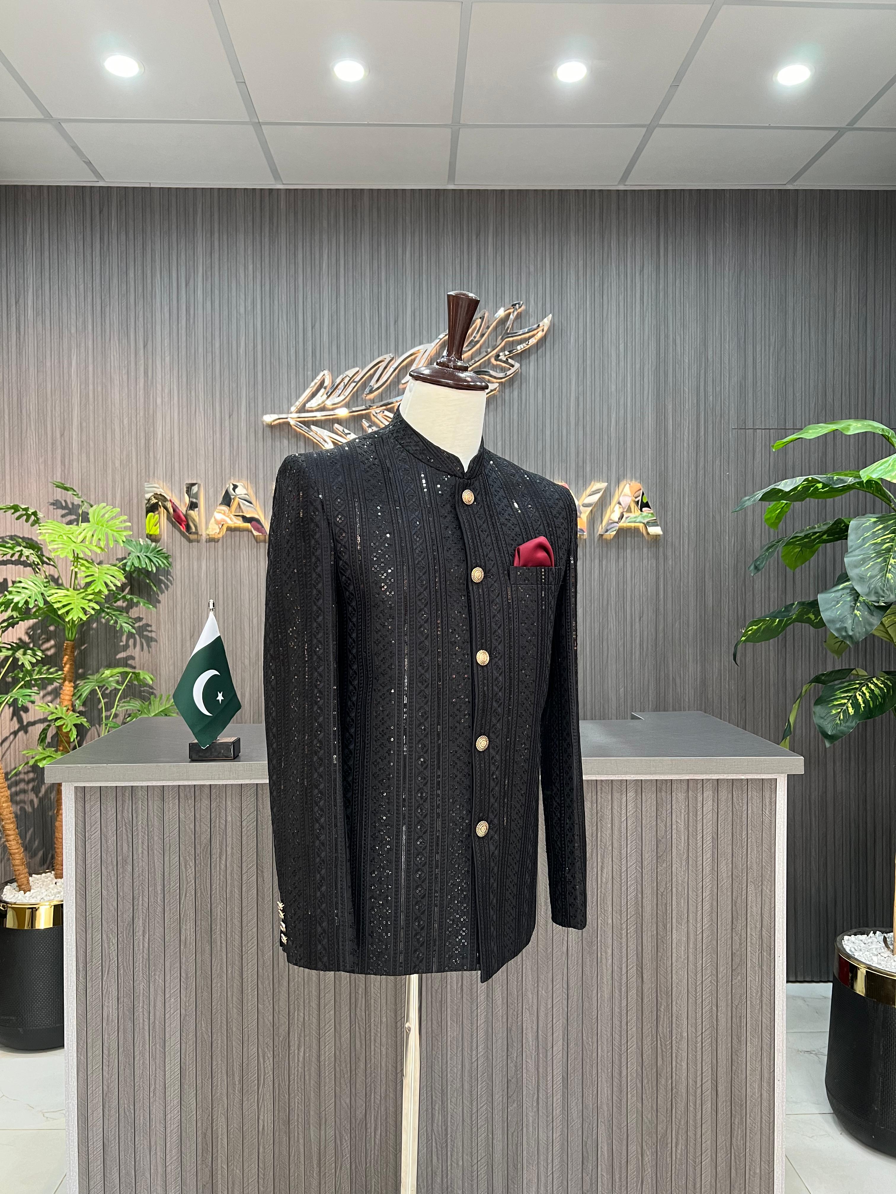 Black Sequence Embroidery Prince Coat For Men's