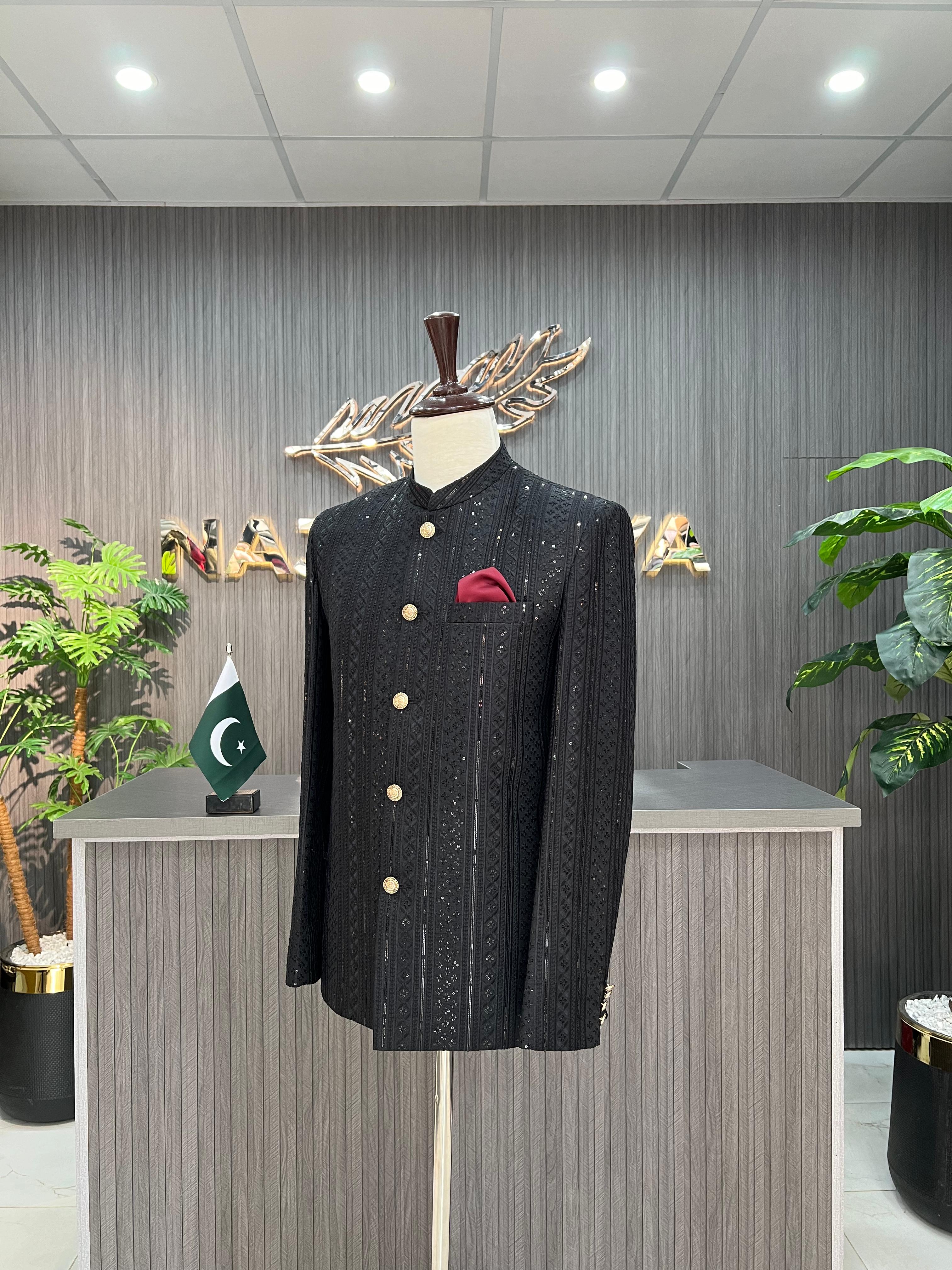Black Sequence Embroidery Prince Coat For Men's