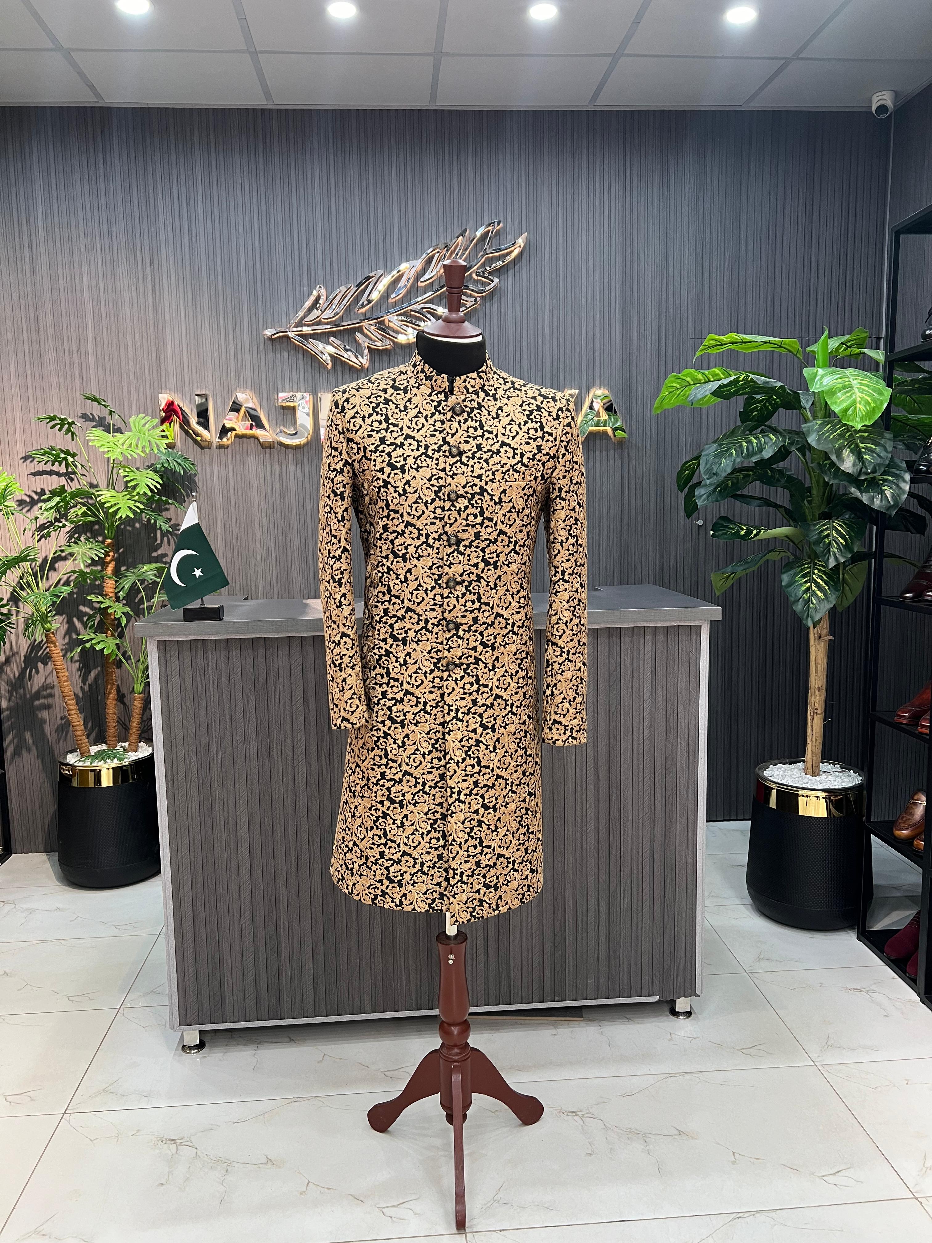 Black Copper Embroidery Sherwani For Men's Main image