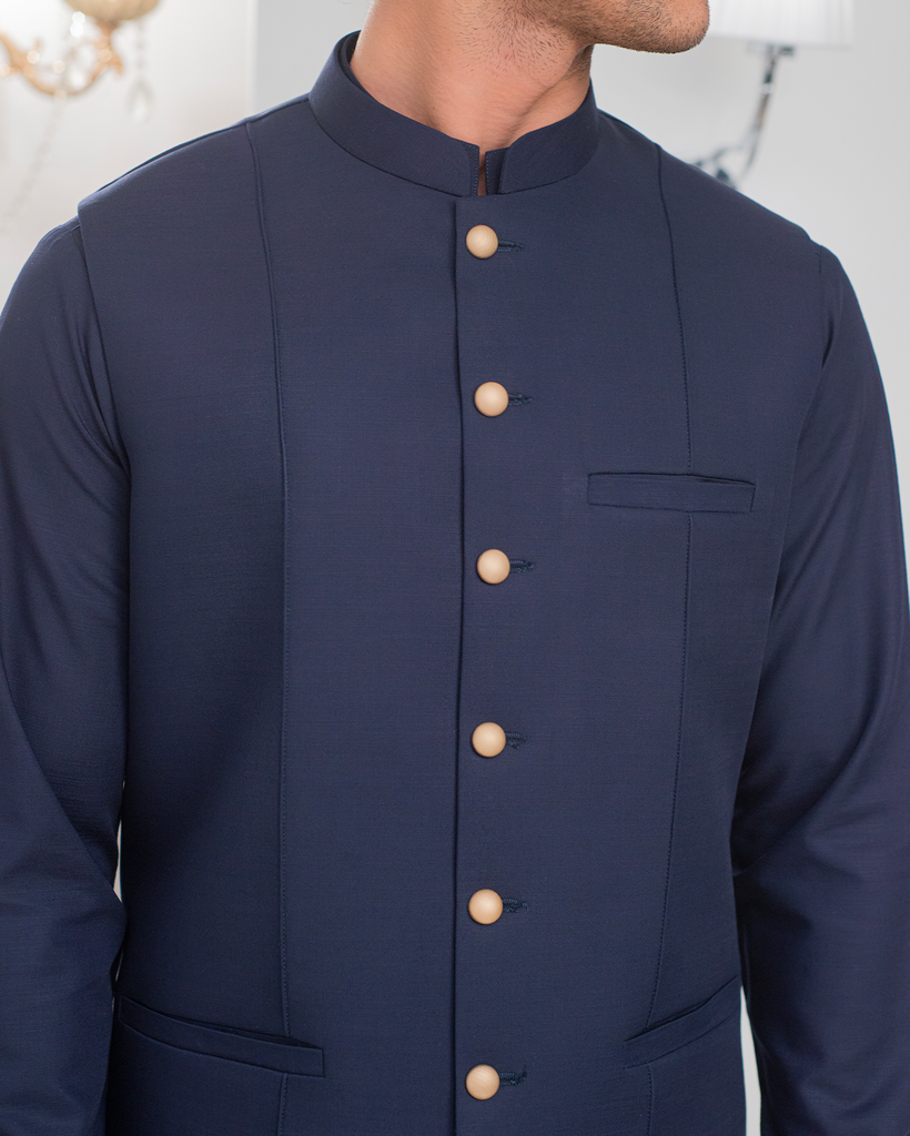 Navy Blue Kurta Bell Bottom Pajama + Waist Coat For Men's
