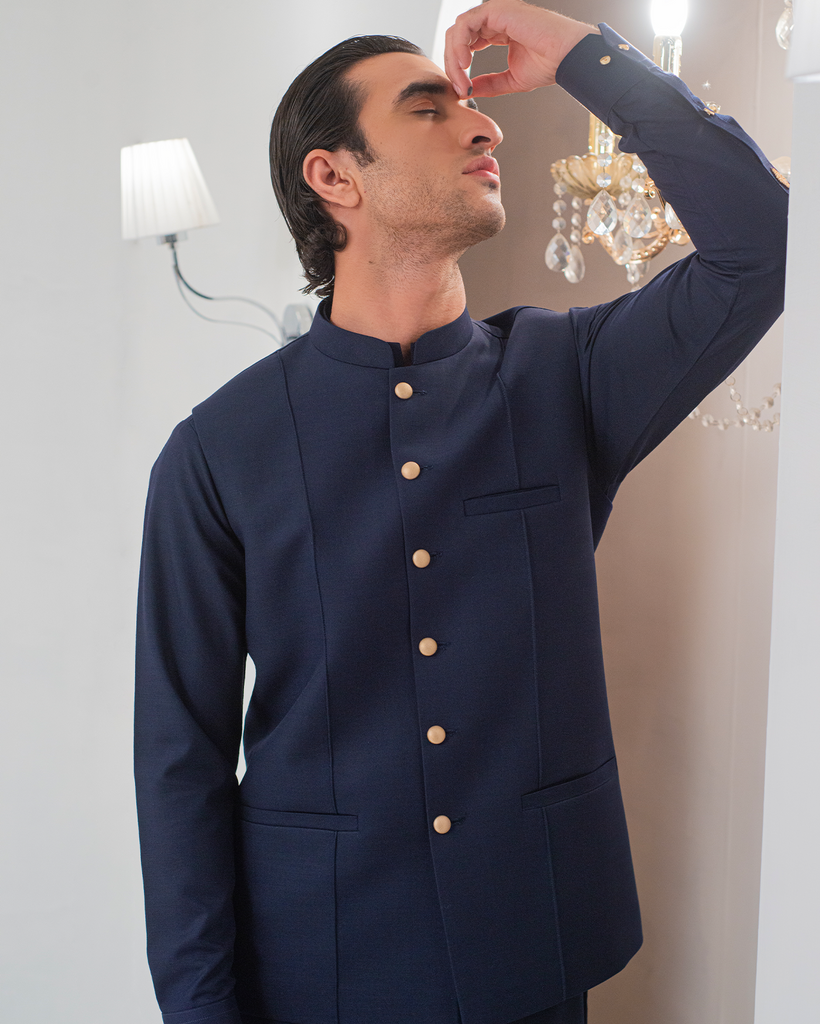 Navy Blue Kurta Bell Bottom Pajama + Waist Coat For Men's