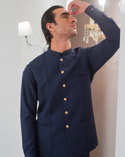 Load image into Gallery viewer, Navy Blue Kurta Bell Bottom Pajama + Waist Coat For Men's