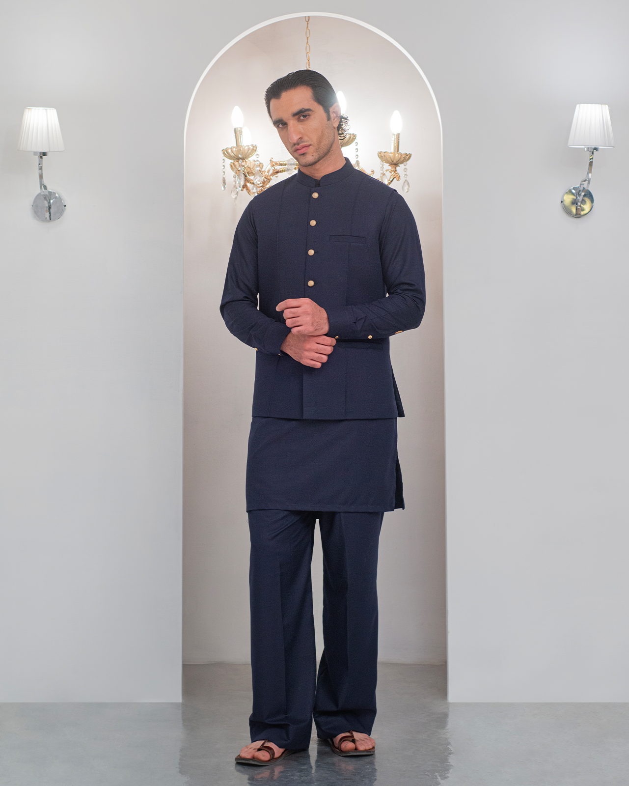 Navy Blue Kurta Bell Bottom Pajama + Waist Coat For Men's Main image