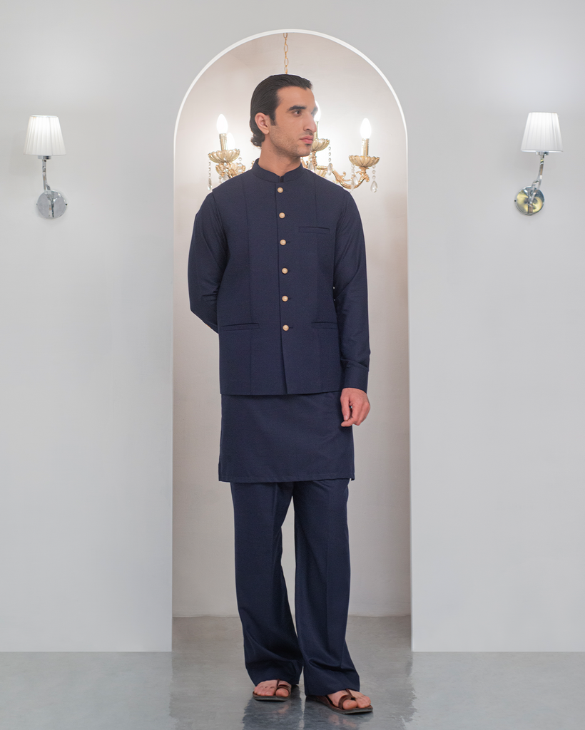 Navy Blue Kurta Bell Bottom Pajama + Waist Coat For Men's