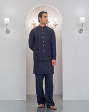 Load image into Gallery viewer, Navy Blue Kurta Bell Bottom Pajama + Waist Coat For Men's