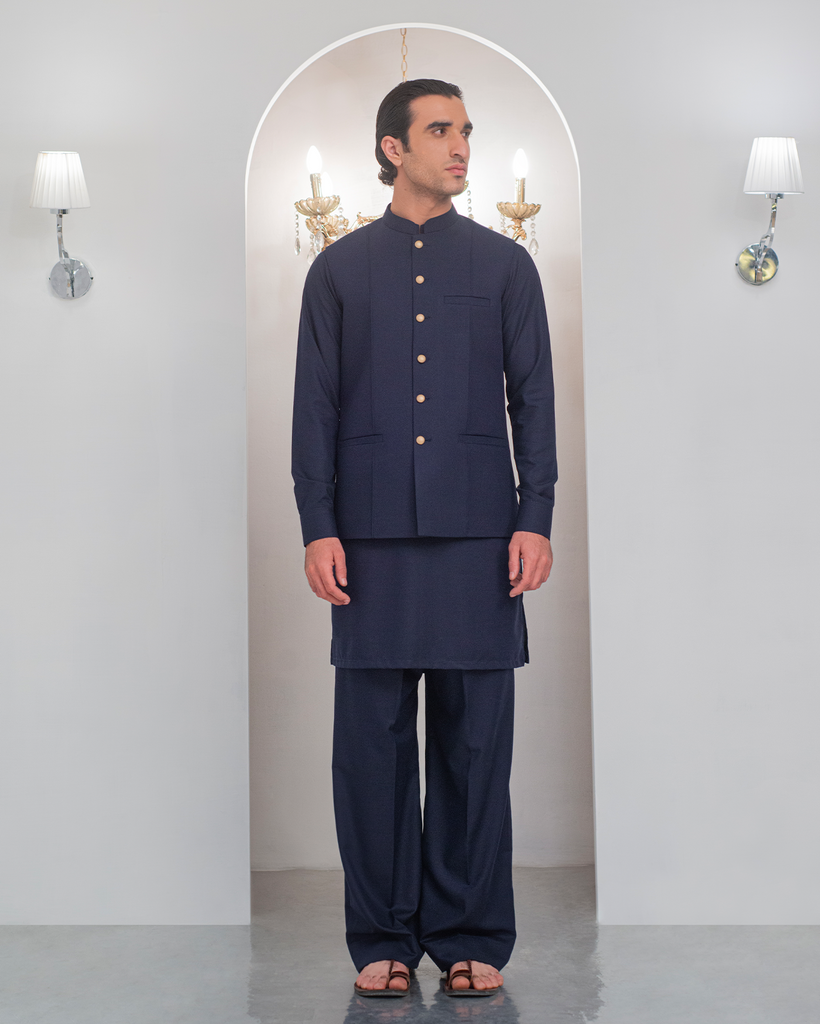Navy Blue Kurta Bell Bottom Pajama + Waist Coat For Men's