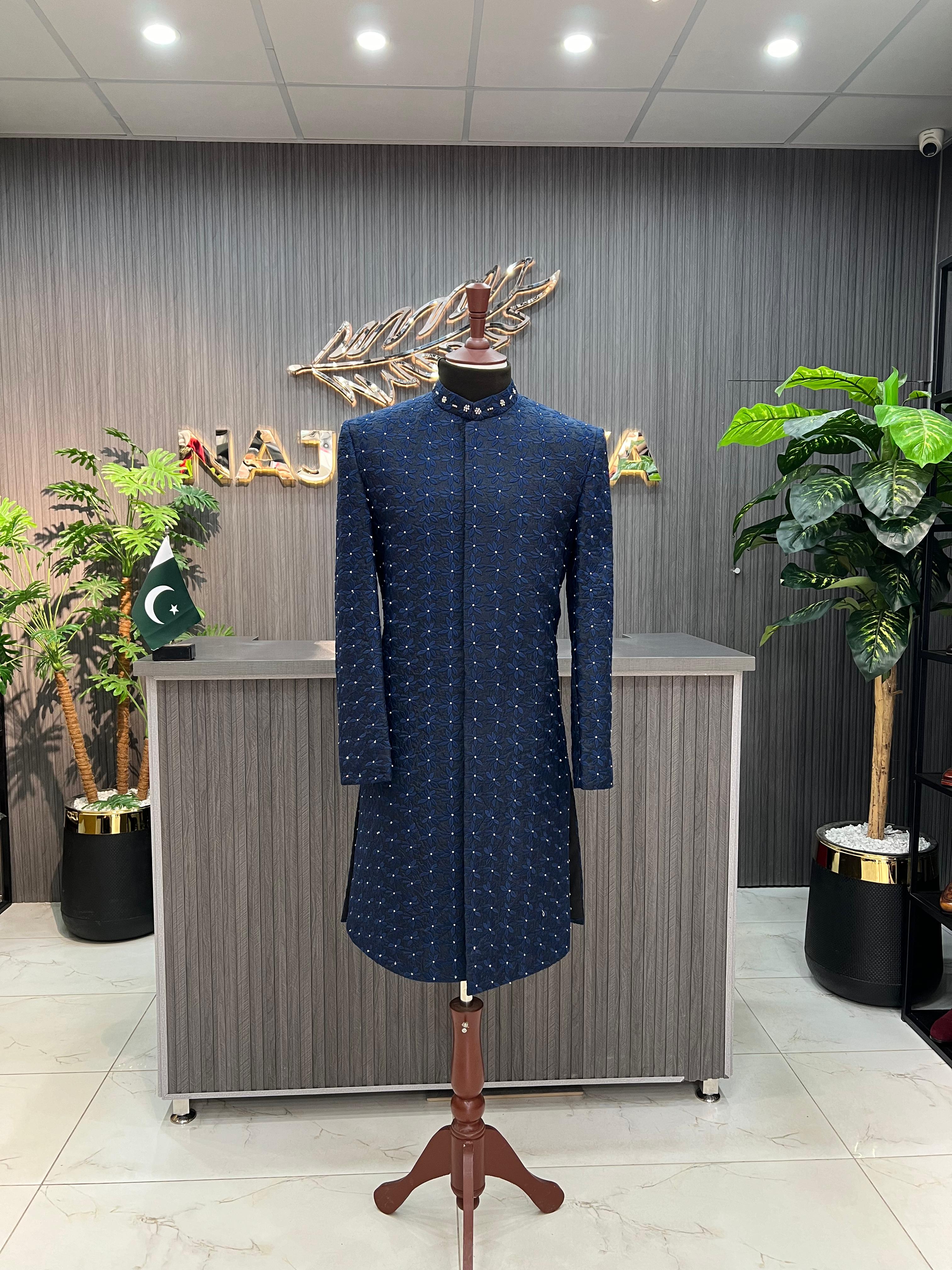 Blue Embroidery + Handwork Sherwani For Men's Main image