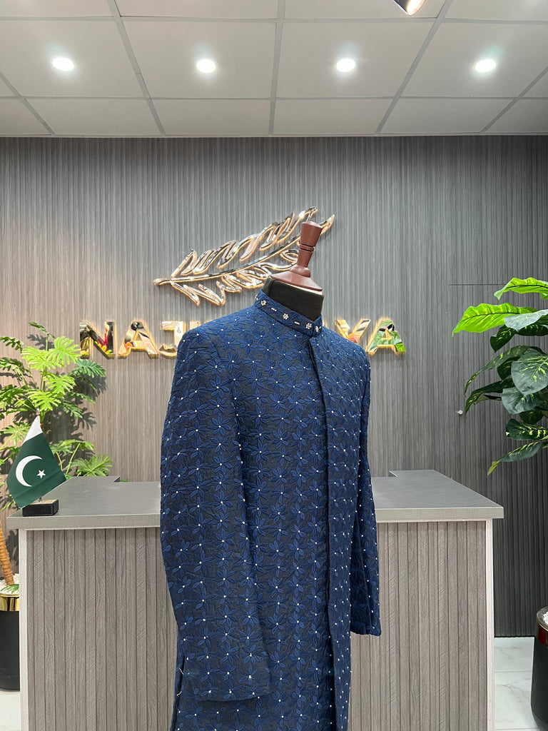 Blue Embroidery + Handwork Sherwani For Men's