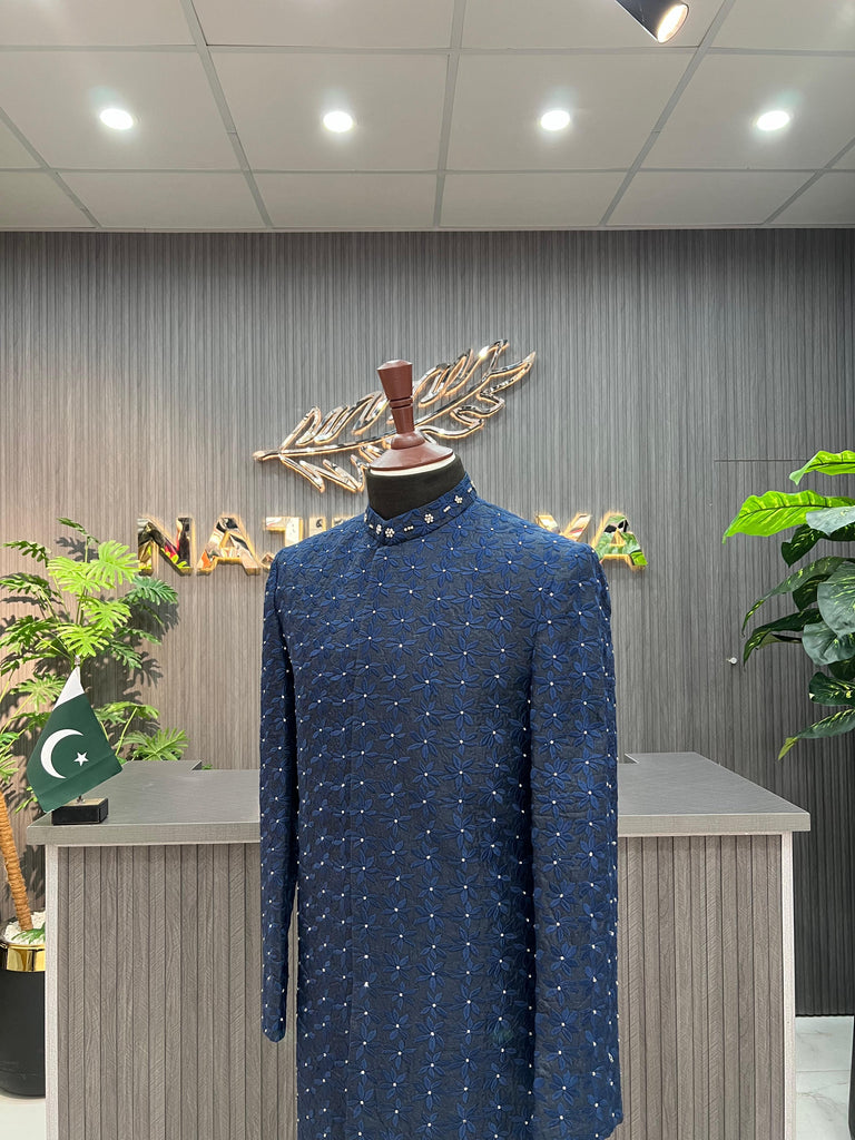 Blue Embroidery + Handwork Sherwani For Men's