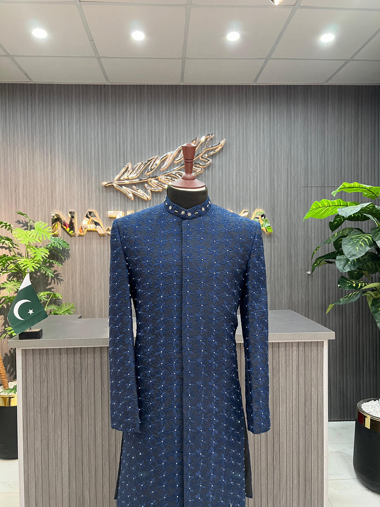 Blue Embroidery + Handwork Sherwani For Men's