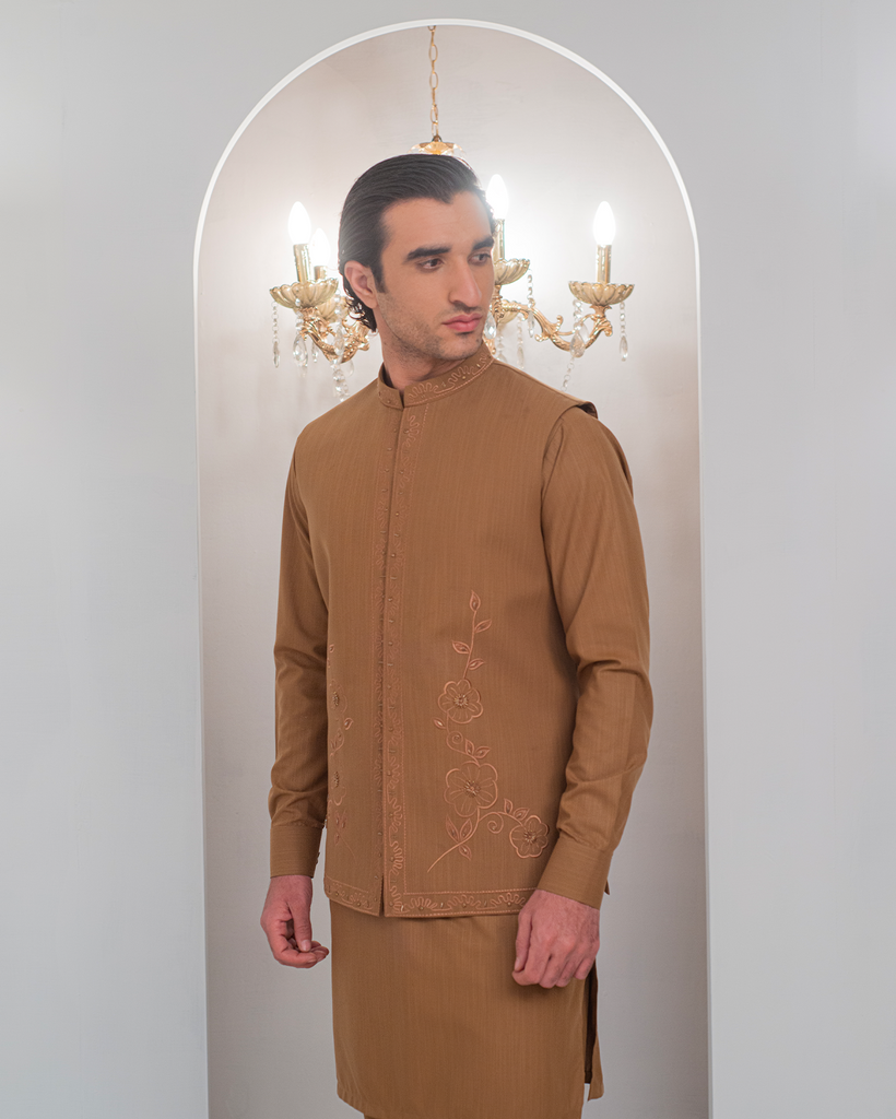Mustard Kurta Bell Bottom Pajama + Embroidered Waist Coat For Men's