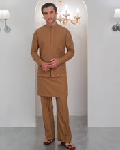 Load image into Gallery viewer, Mustard Kurta Bell Bottom Pajama + Embroidered Waist Coat For Men's