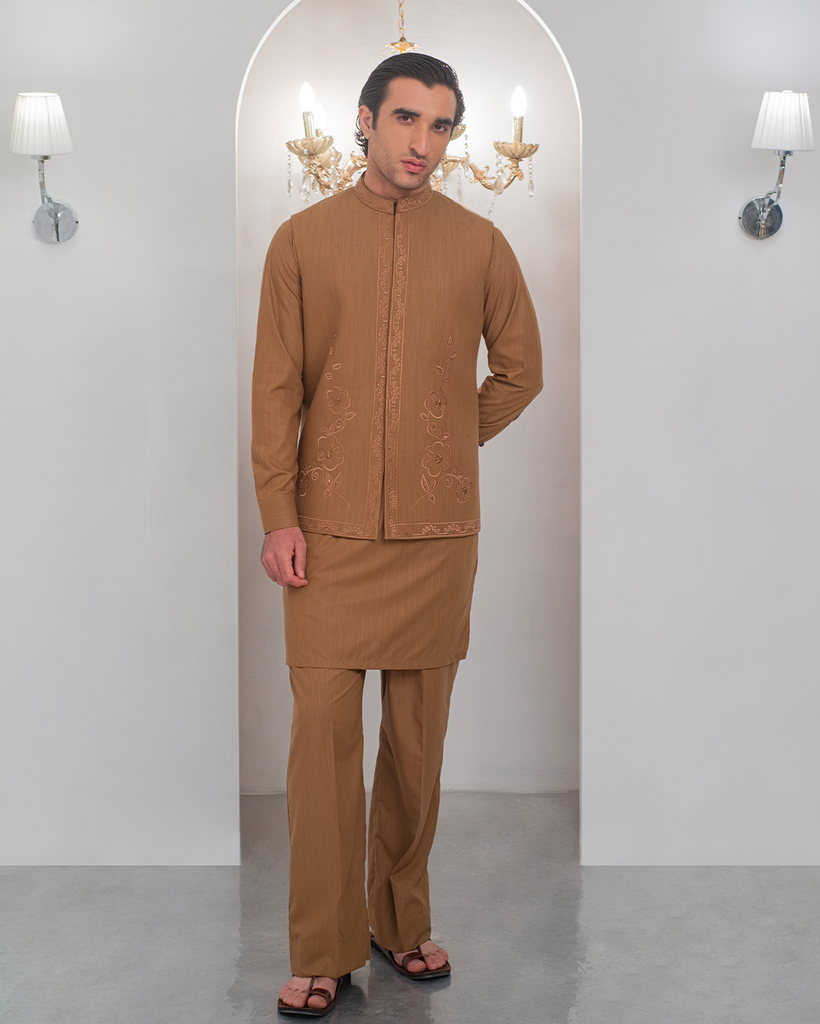 Mustard Kurta Bell Bottom Pajama + Embroidered Waist Coat For Men's