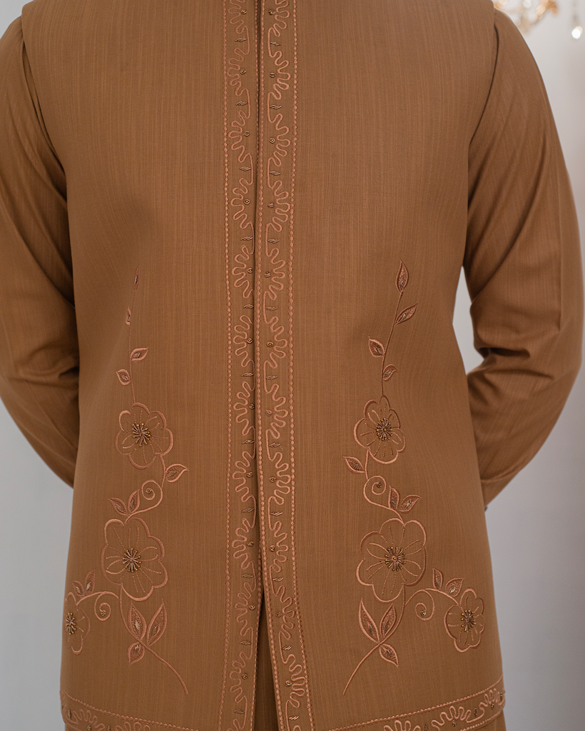 Mustard Kurta Bell Bottom Pajama + Embroidered Waist Coat For Men's
