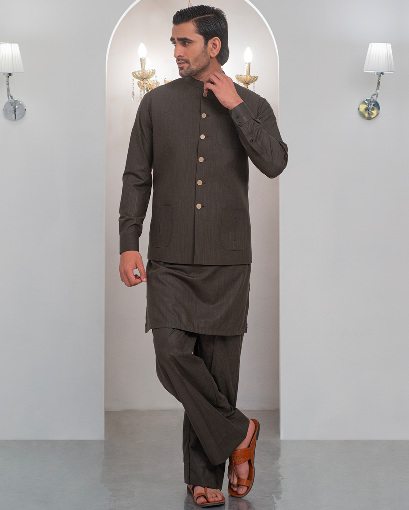 Green Kurta Bell Bottom Pajama + Waist Coat For Men's