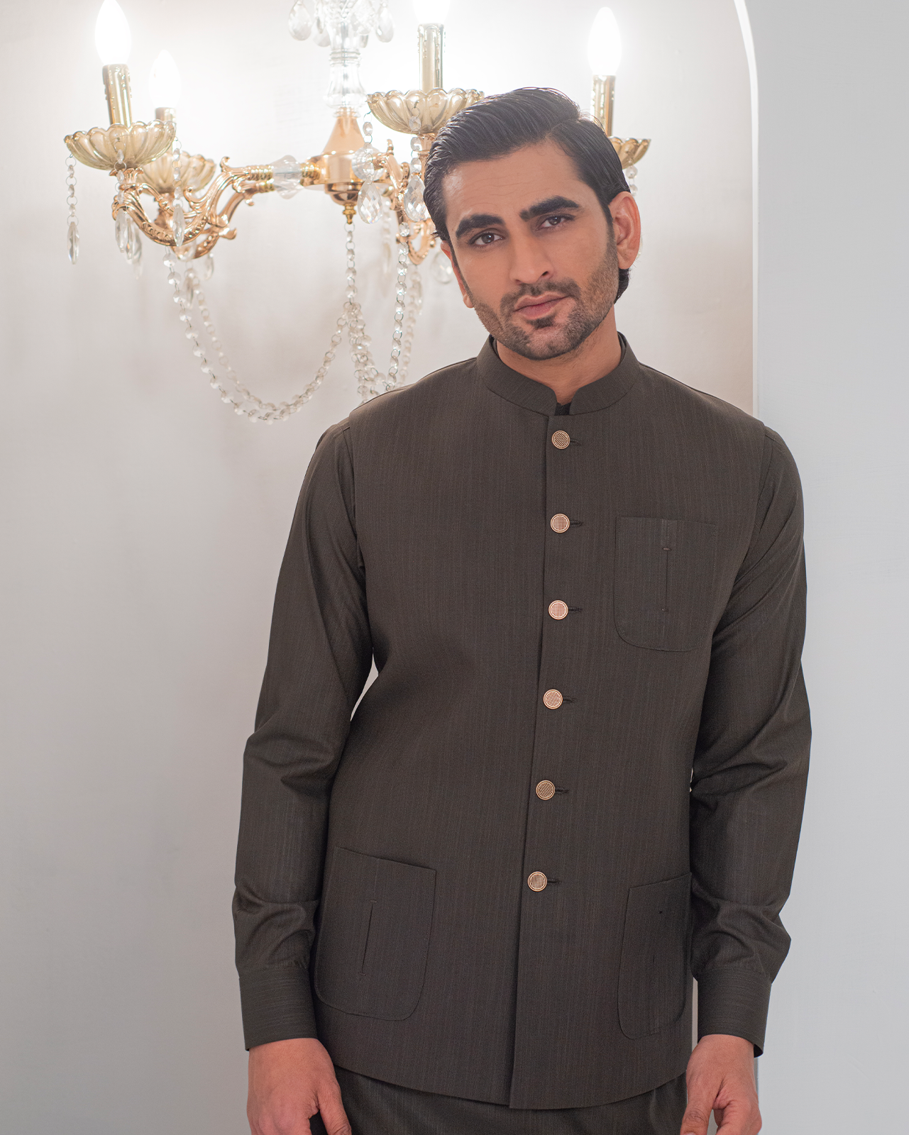 Green Kurta Bell Bottom Pajama + Waist Coat For Men's Secondary image
