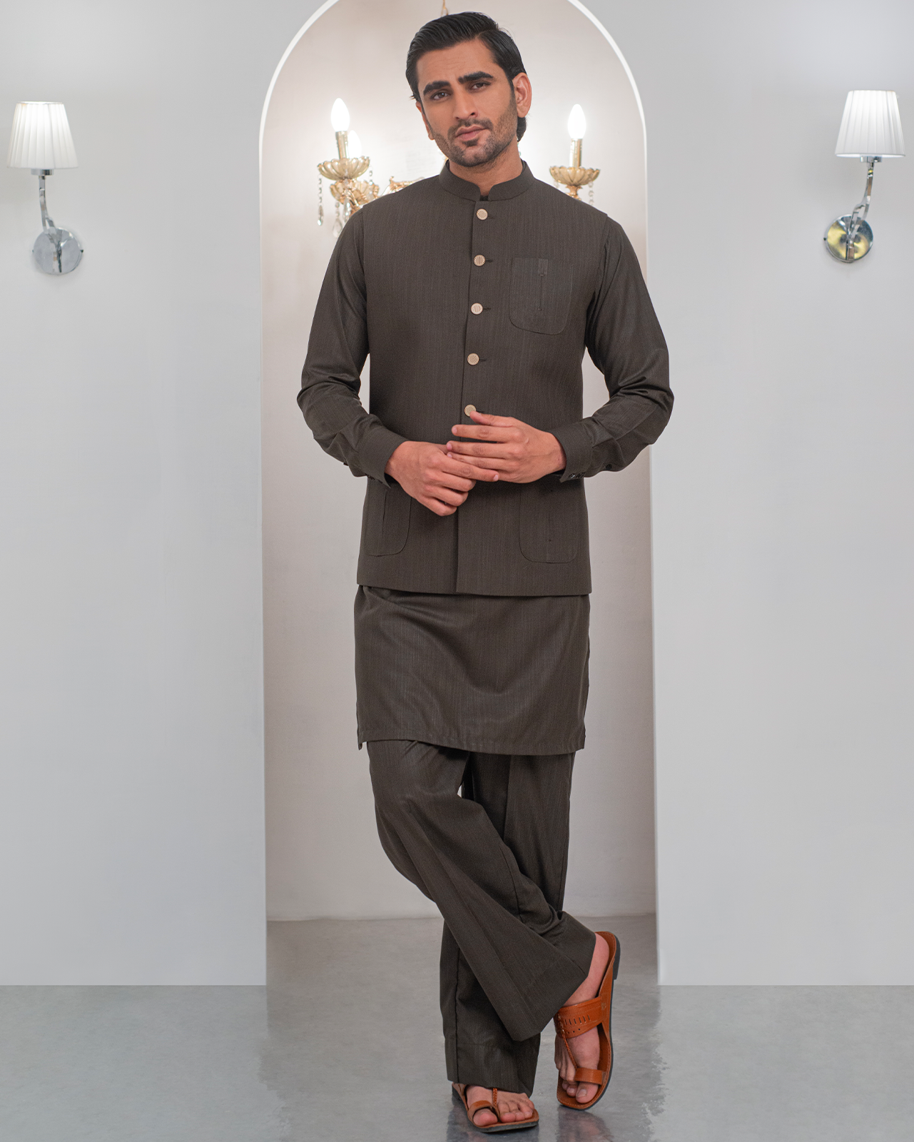 Green Kurta Bell Bottom Pajama + Waist Coat For Men's Main image