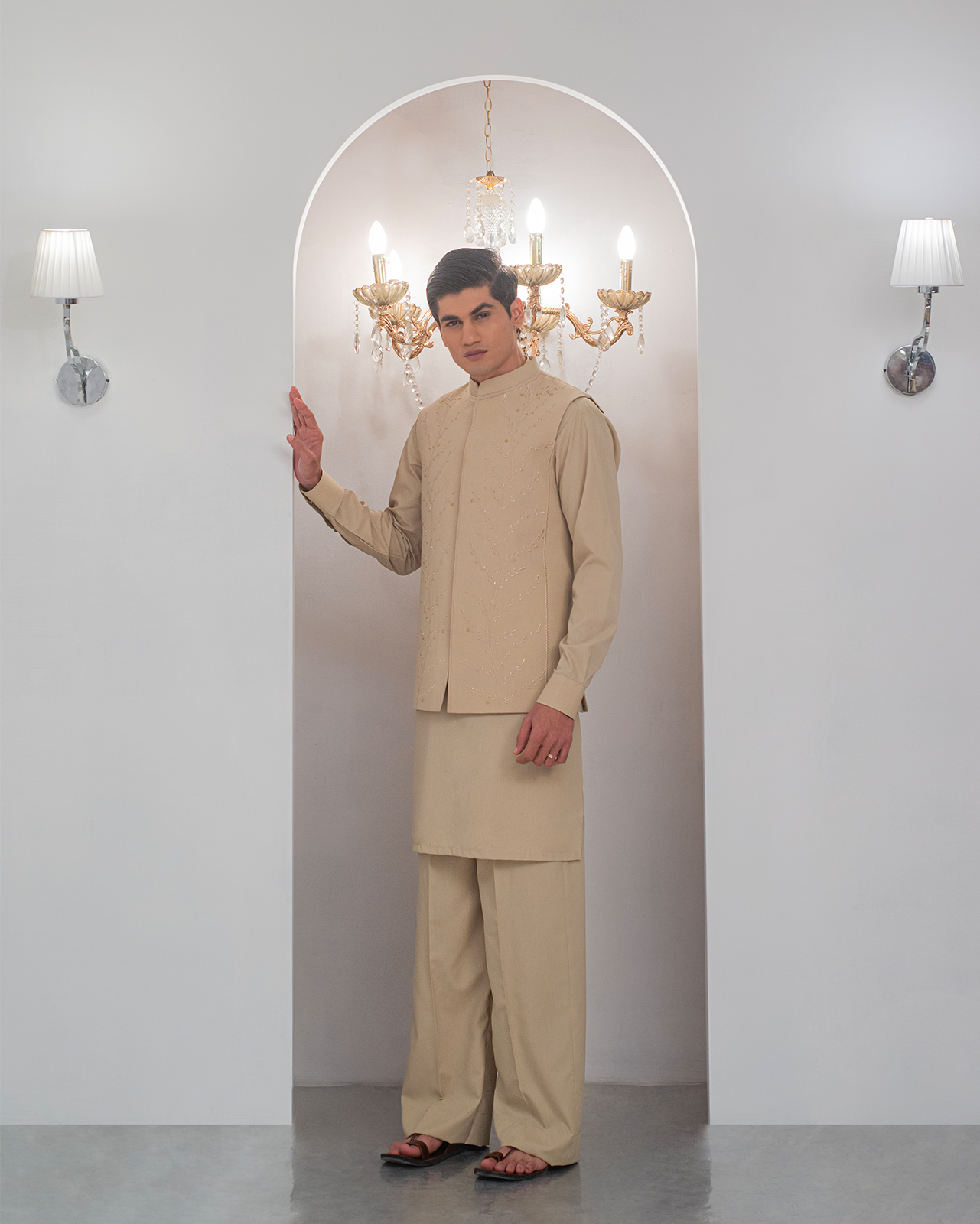 Cream Kurta Bell Bottom Pajama + Embroidered Waist Coat For Men's
