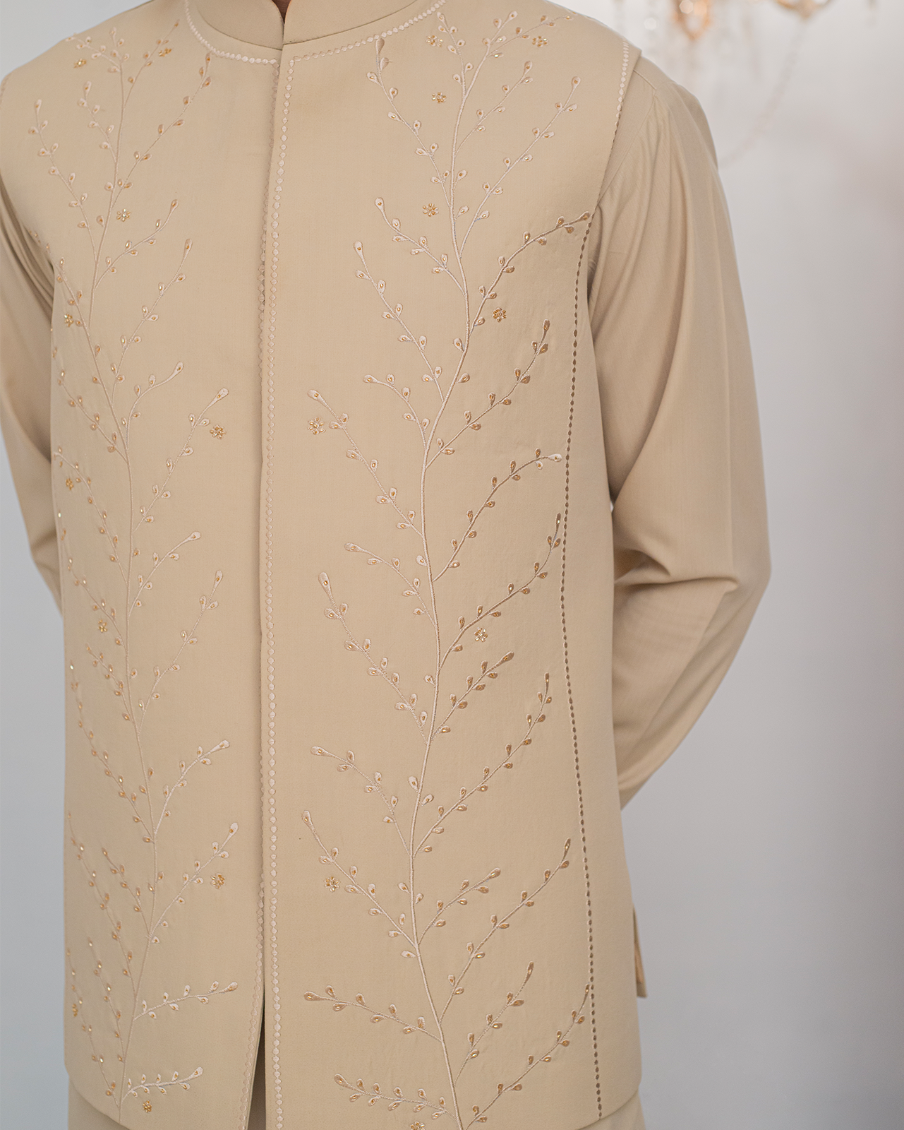 Cream Kurta Bell Bottom Pajama + Embroidered Waist Coat For Men's
