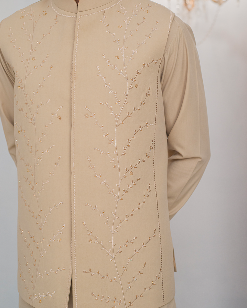Cream Kurta Bell Bottom Pajama + Embroidered Waist Coat For Men's