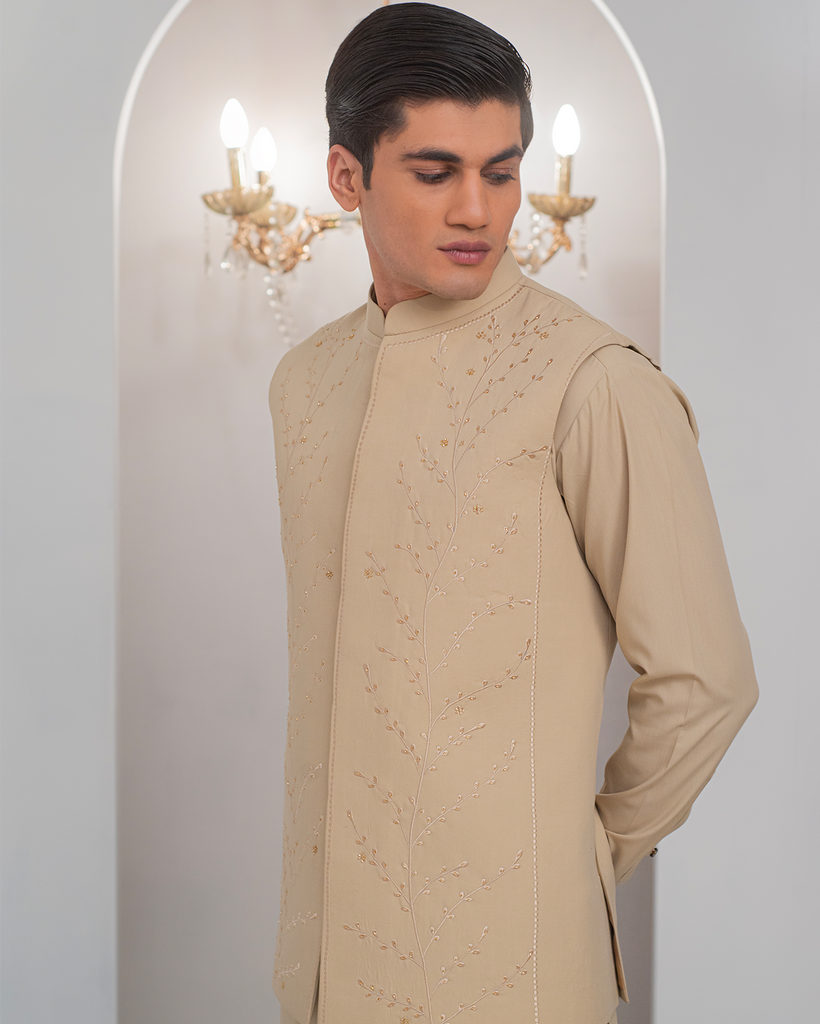 Cream Kurta Bell Bottom Pajama + Embroidered Waist Coat For Men's