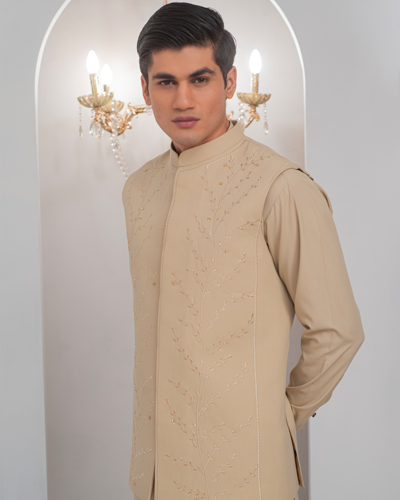 Cream Kurta Bell Bottom Pajama + Embroidered Waist Coat For Men's