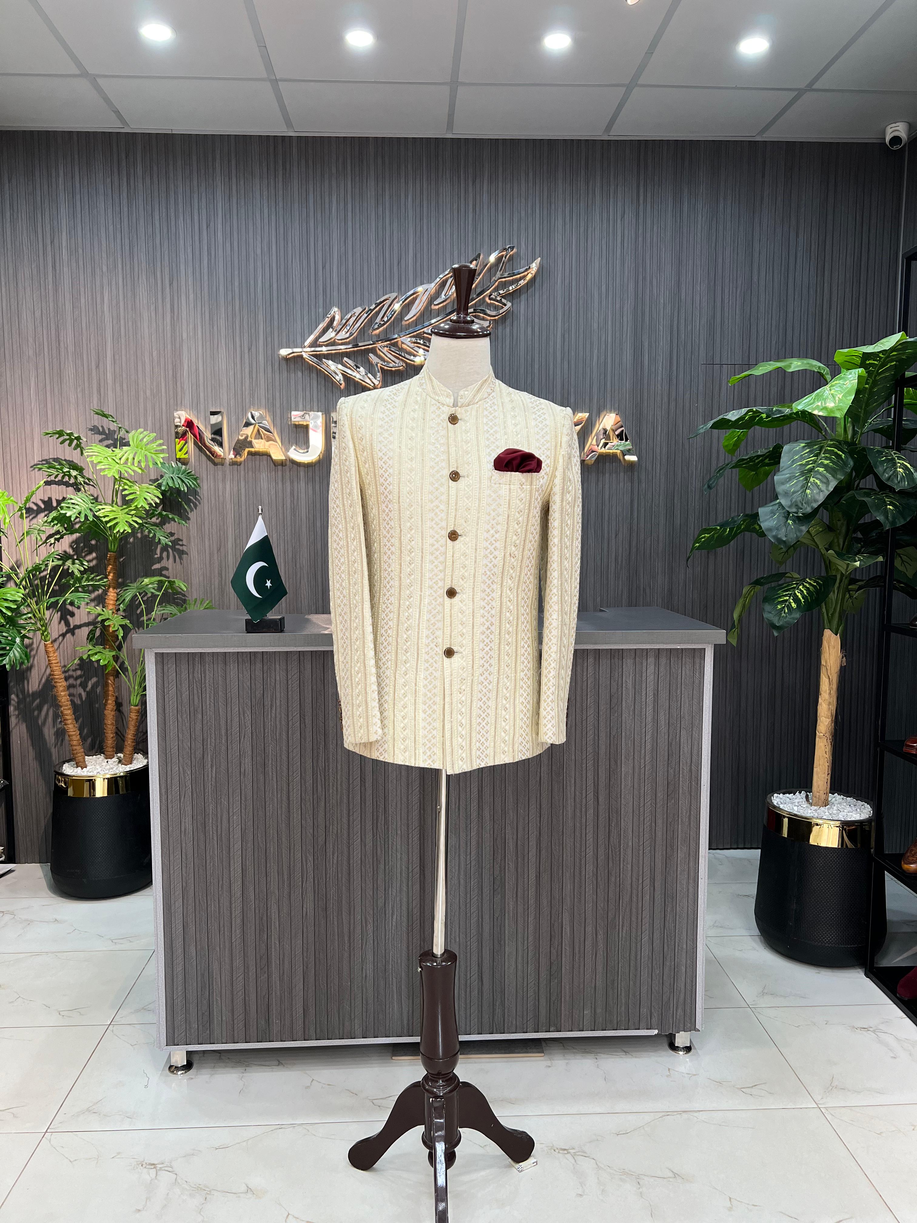 Cream Sequence Embroidered Prince Coat For Men's Main image
