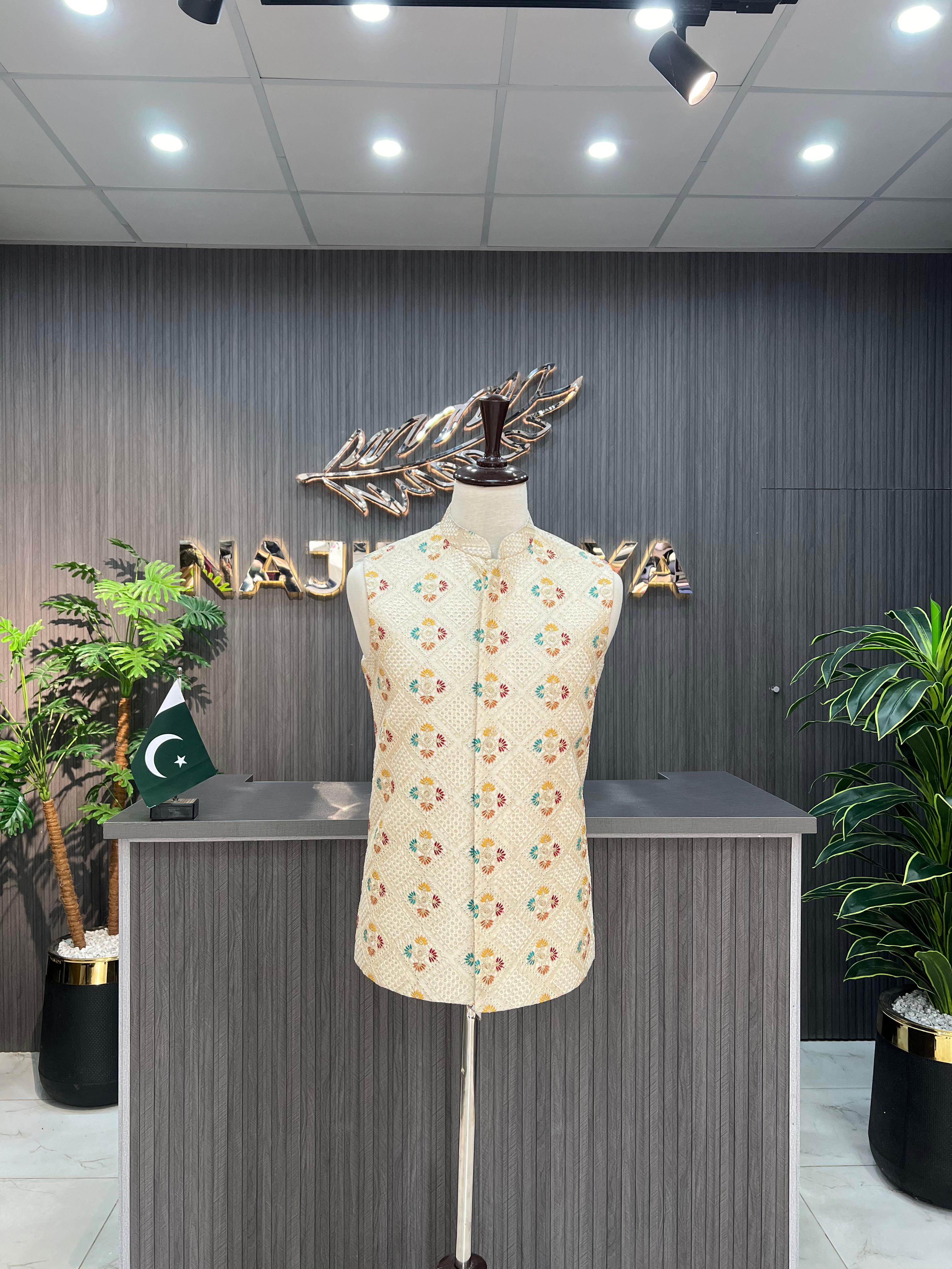 Cream Multi Waistcoat For Men's Secondary image