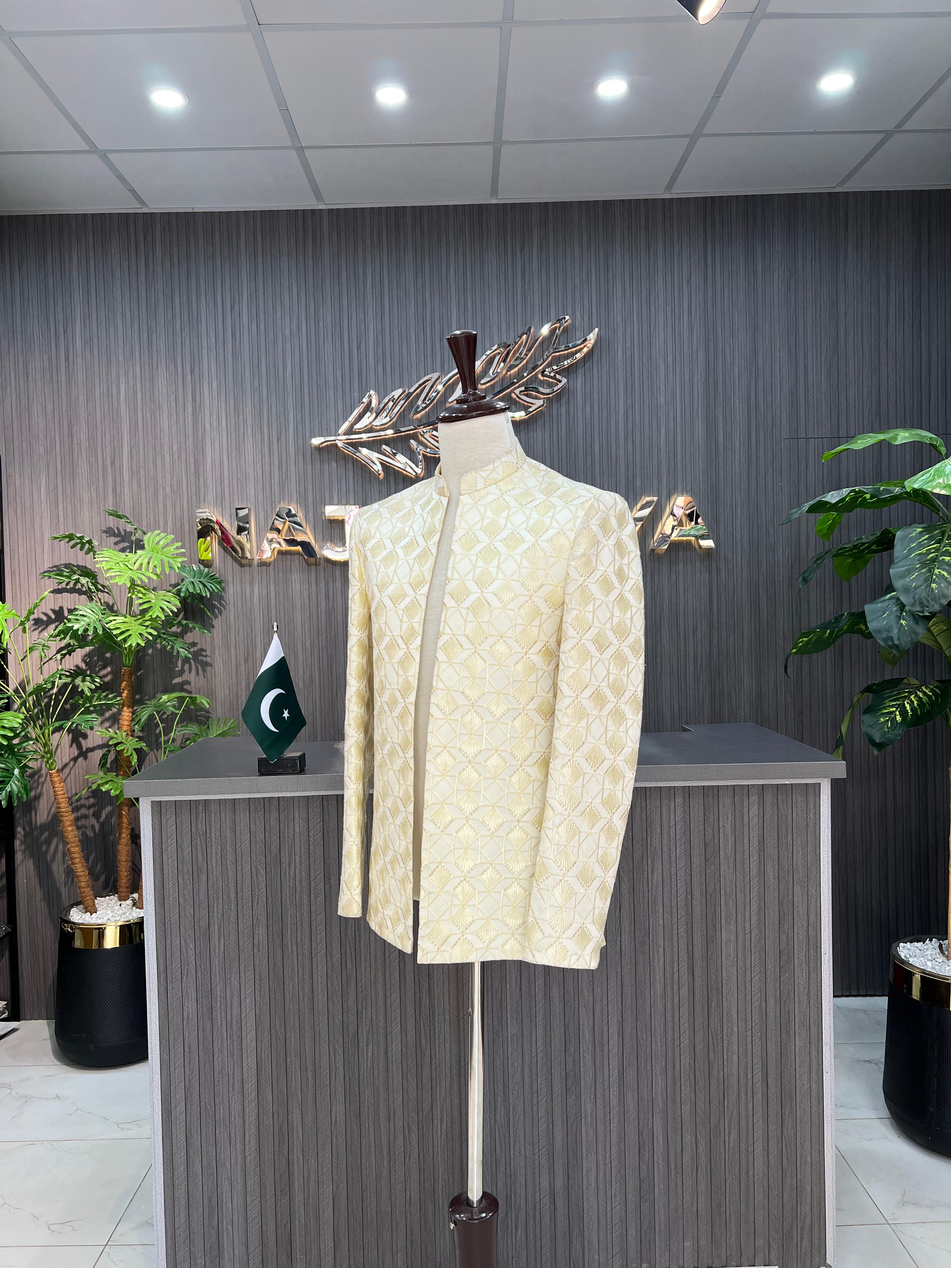 Cream Sequence Embroidery Prince Coat For Men's