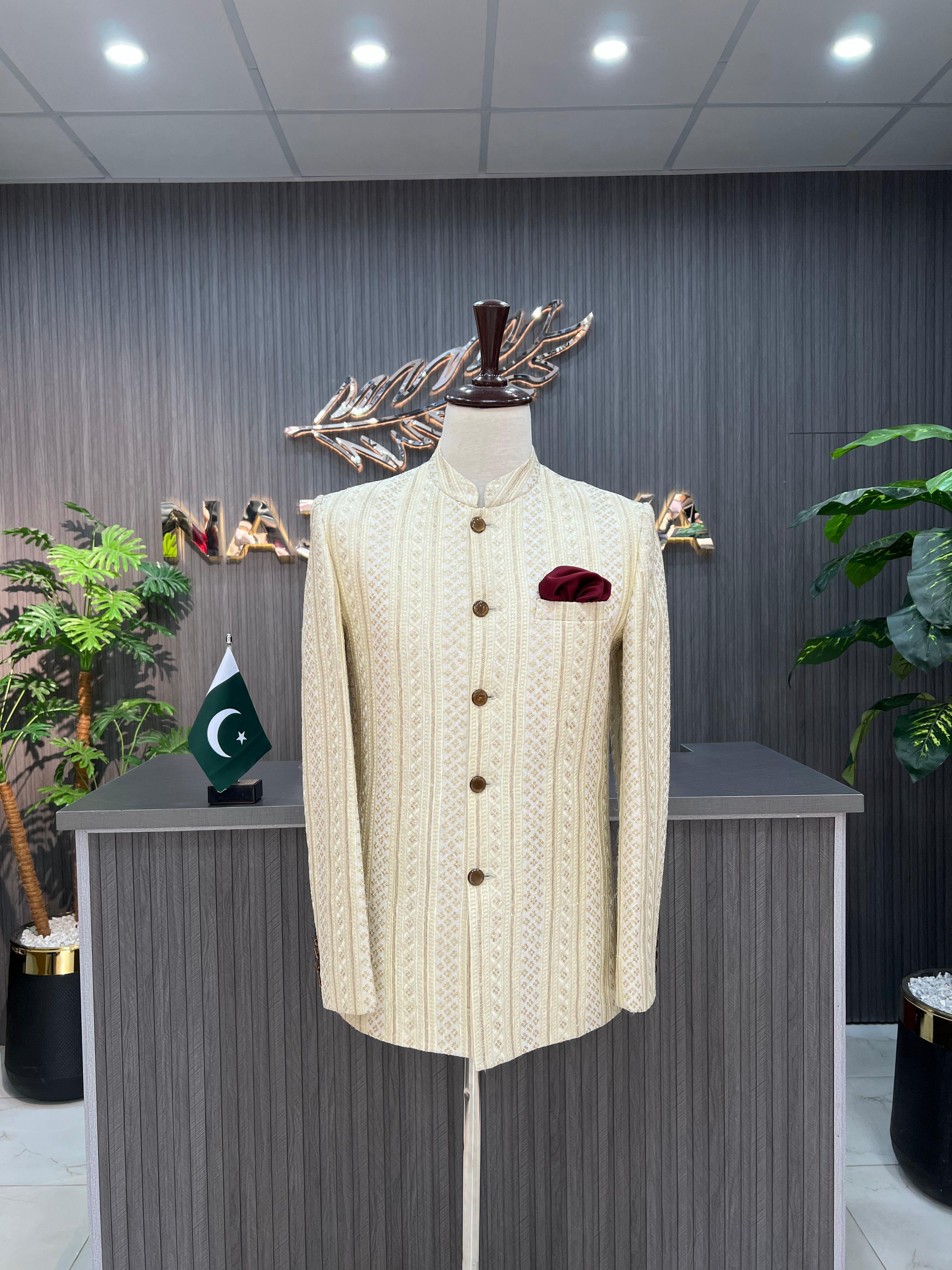 Cream Sequence Embroidered Prince Coat For Men's