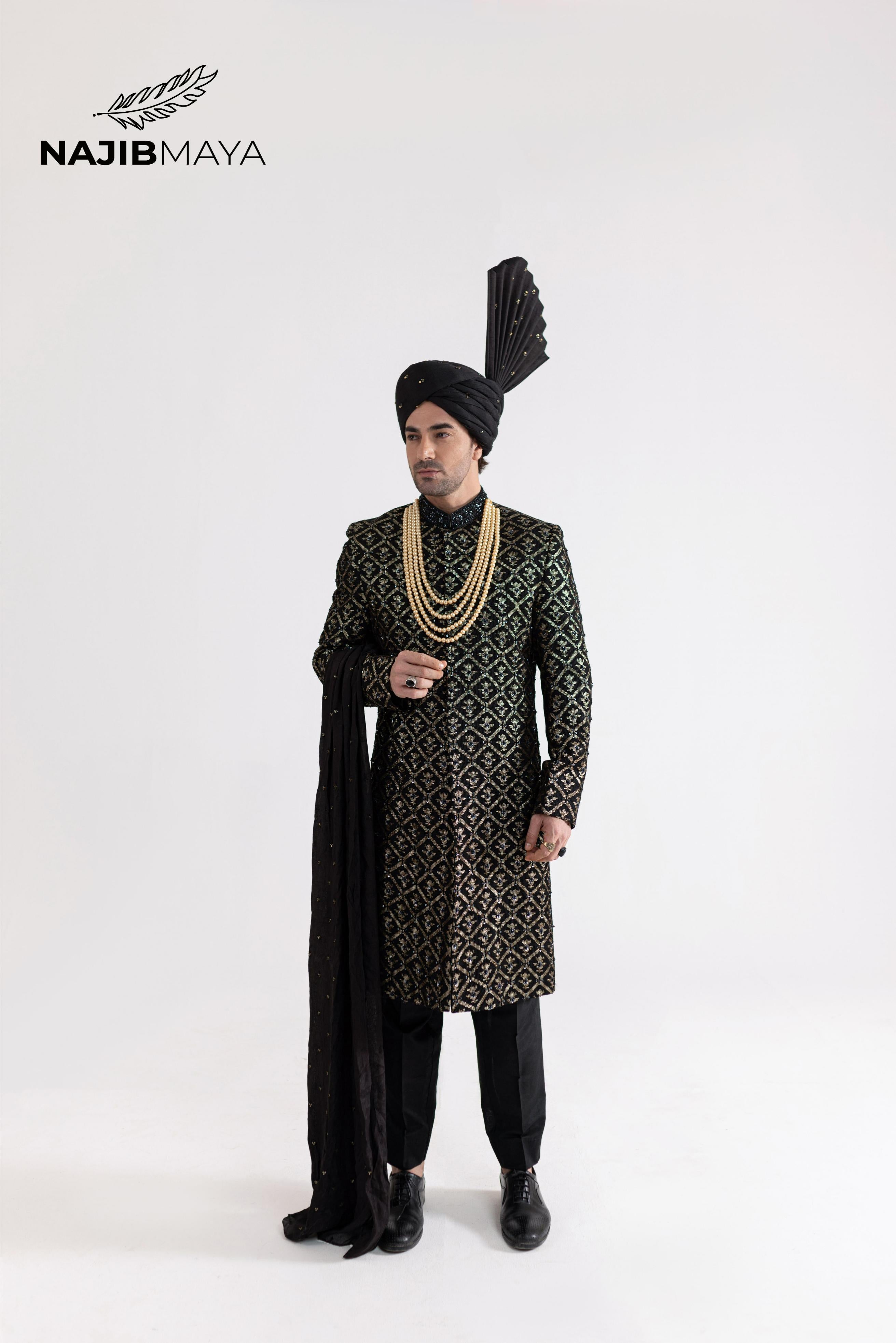 Black Golden Hand Work Sherwani For Men's Main image