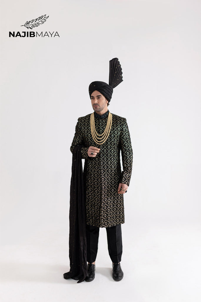 Black Golden Hand Work Sherwani For Men's