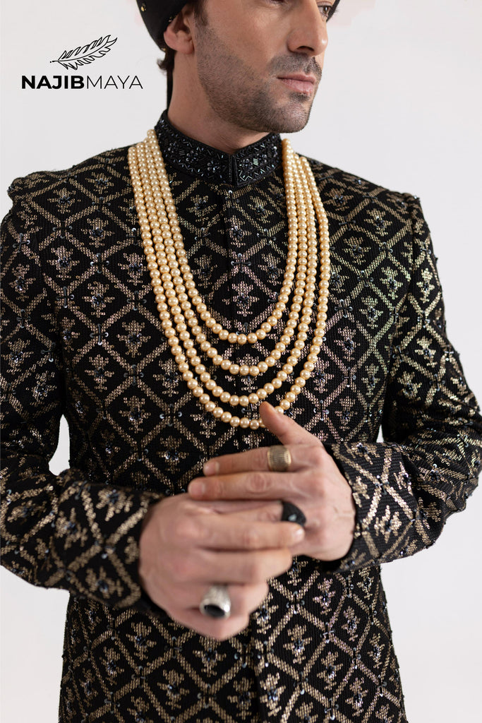 Black Golden Hand Work Sherwani For Men's