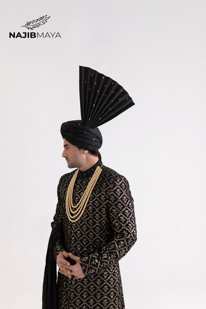 Black Golden Hand Work Sherwani For Men's